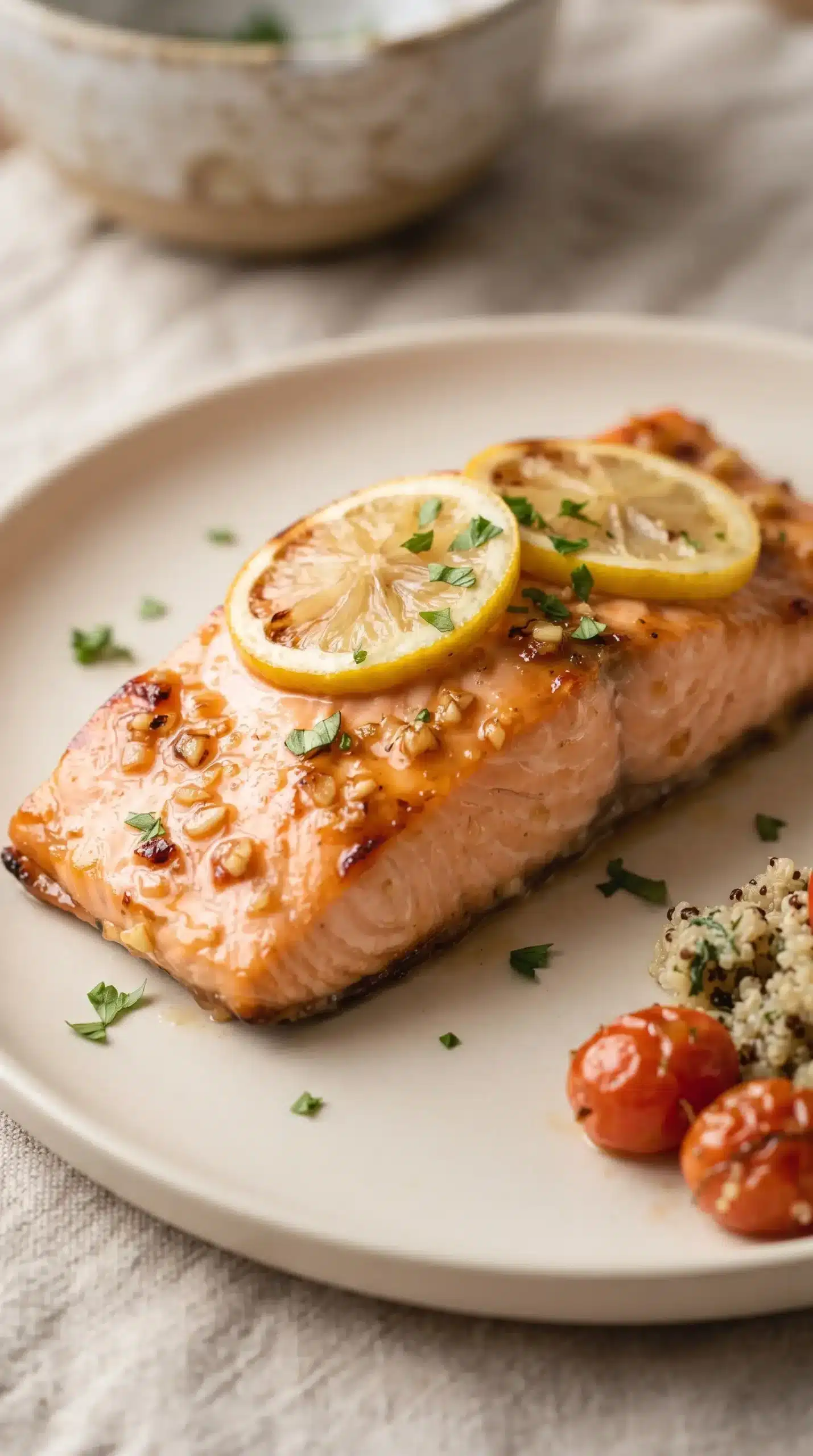 Finished honey garlic butter salmon with lemon slices and parsley garnish