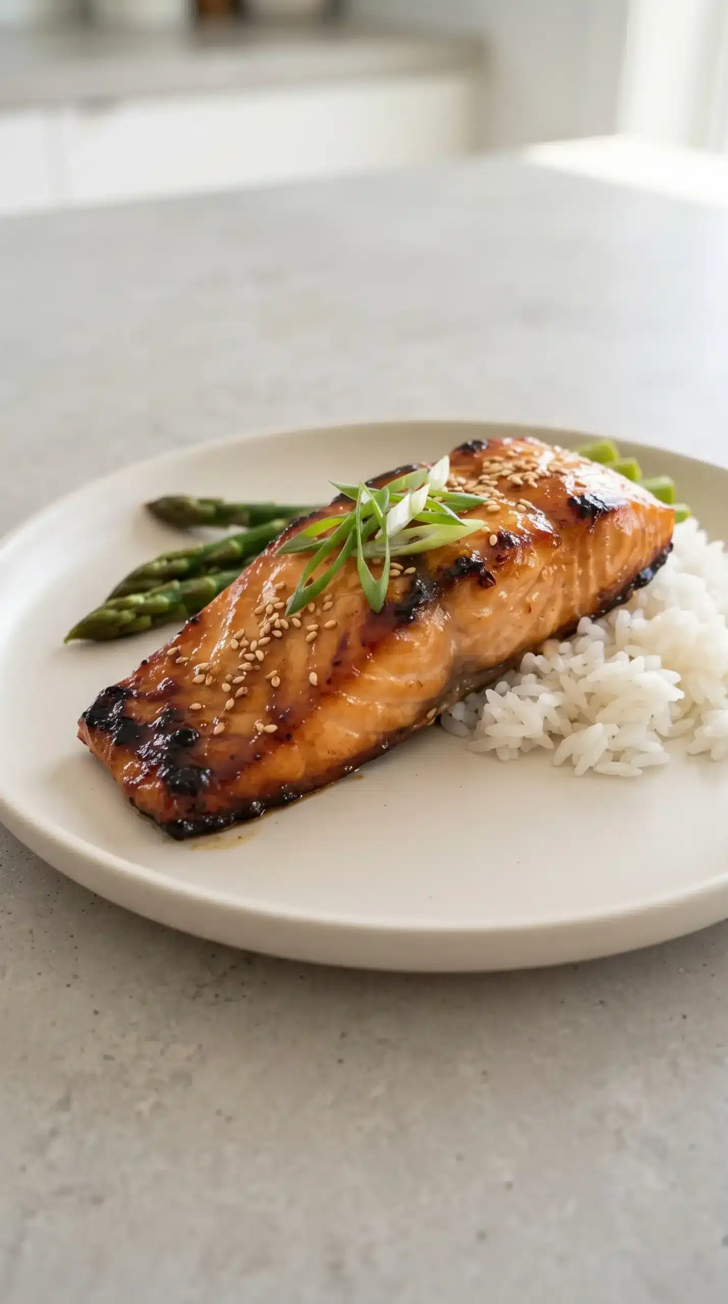 Finished honey garlic glazed salmon fillet plated with glossy sauce and flaky texture