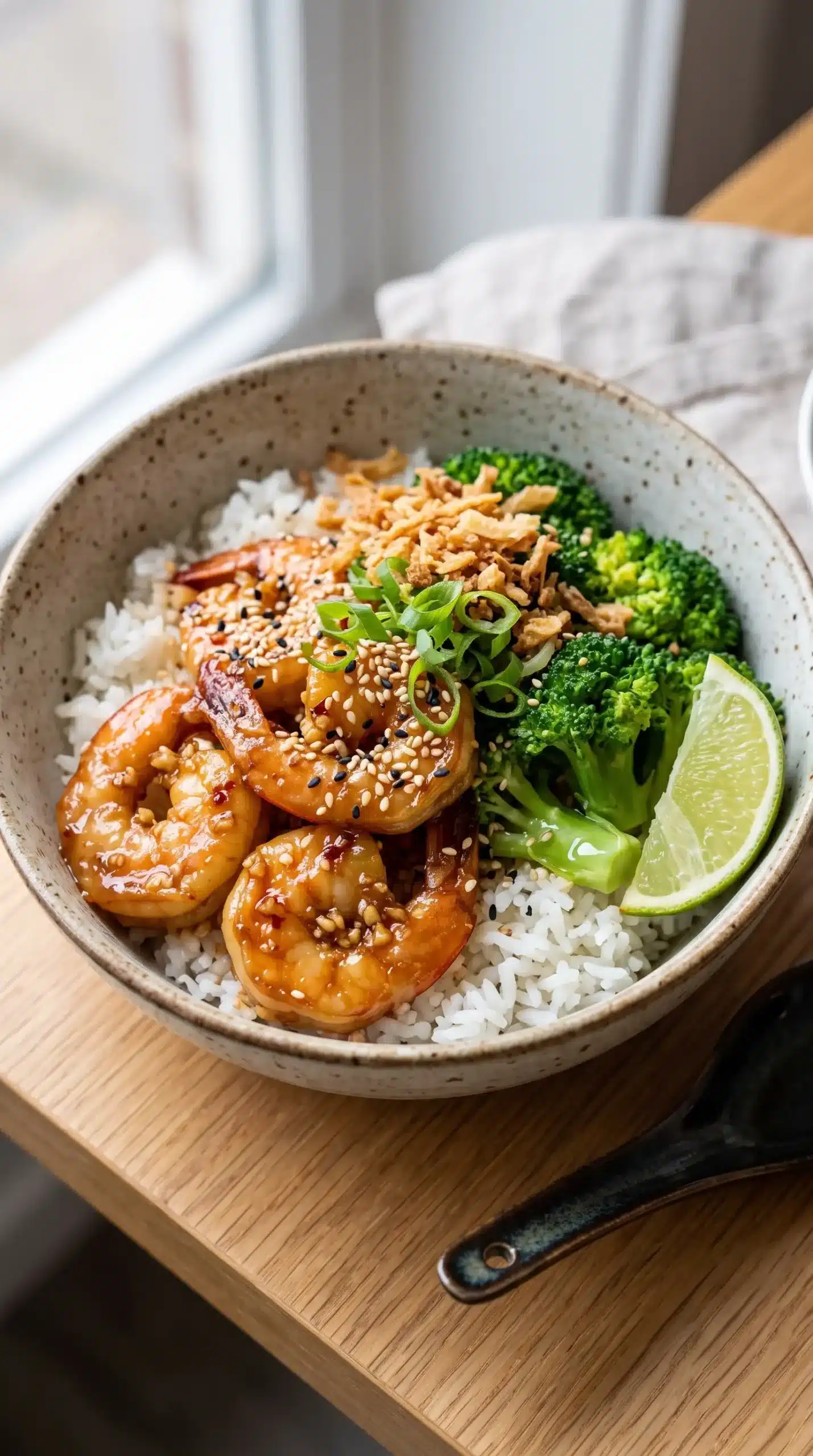 Served honey garlic shrimp bowl with rice, broccoli, sesame, and green onions