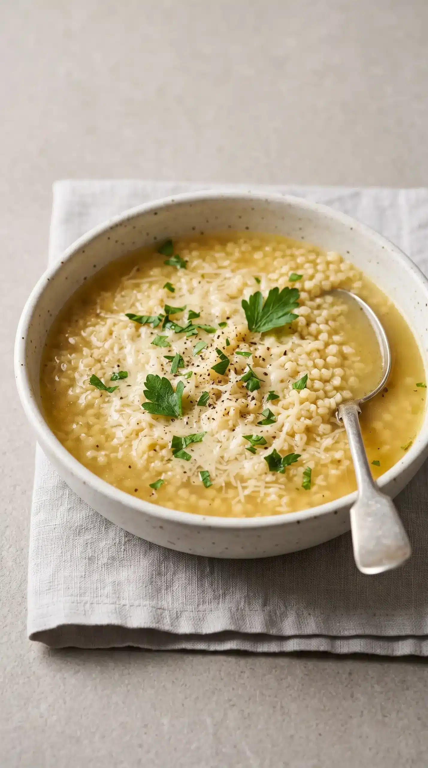 Finished Italian pastina soup with golden broth, pasta, Parmesan, and parsley