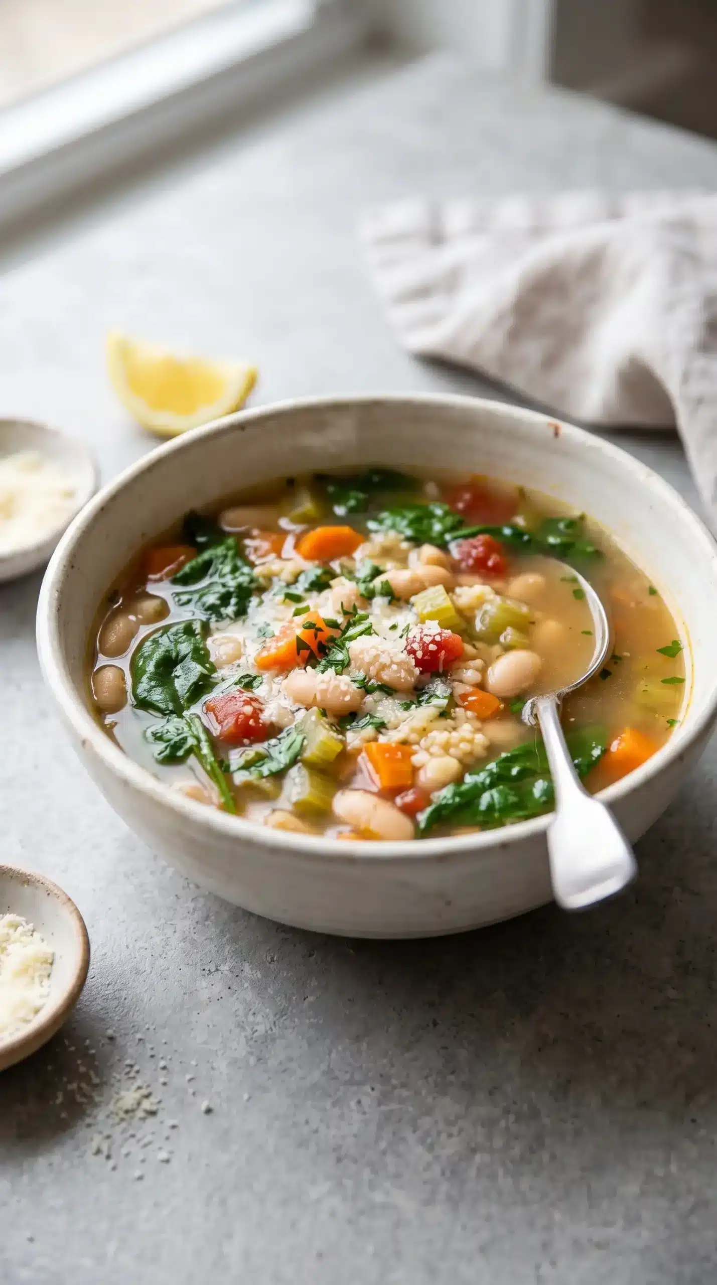 Bowl of Italian Penicillin Soup with beans, spinach, vegetables, and lemon