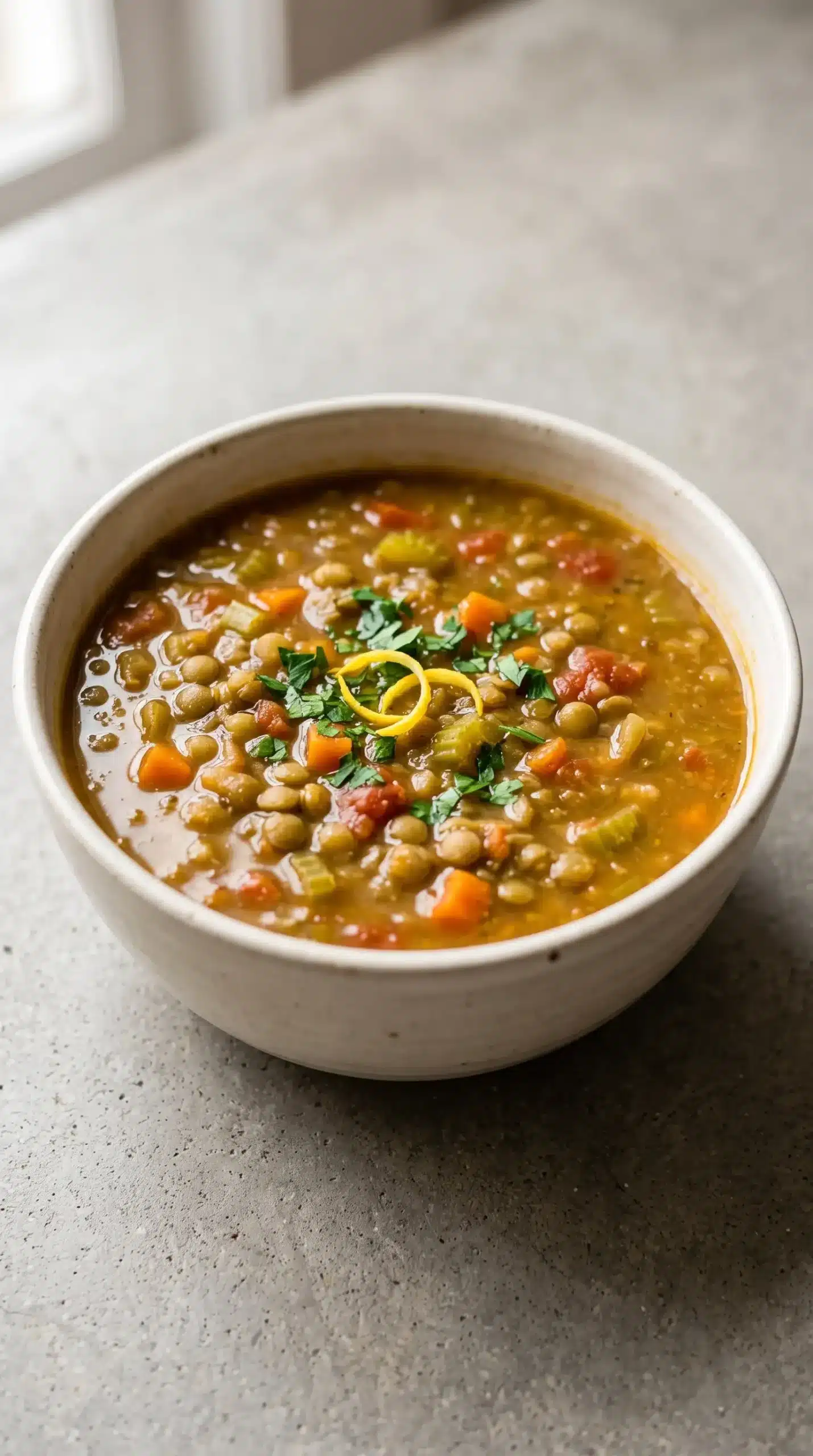 Finished lentil soup with vegetables, parsley, and rich golden broth