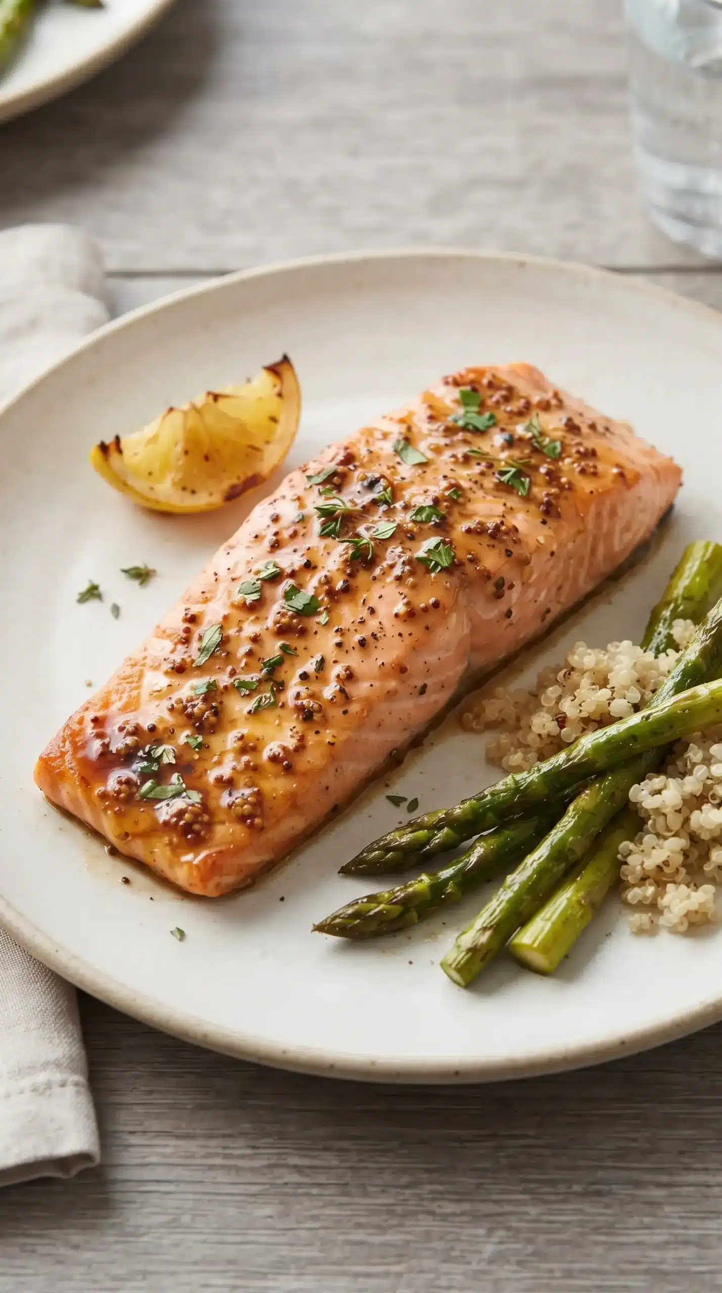 Plated maple Dijon salmon with caramelized glaze, lemon, asparagus, and rice
