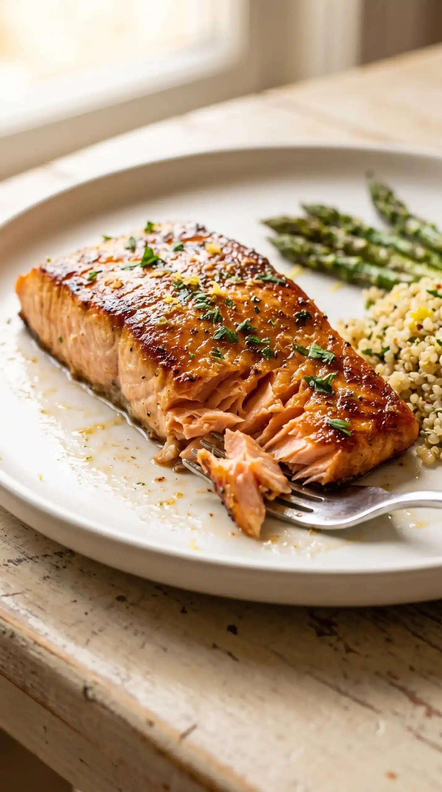Finished salmon fillet with golden-brown marinade coating and fresh herbs