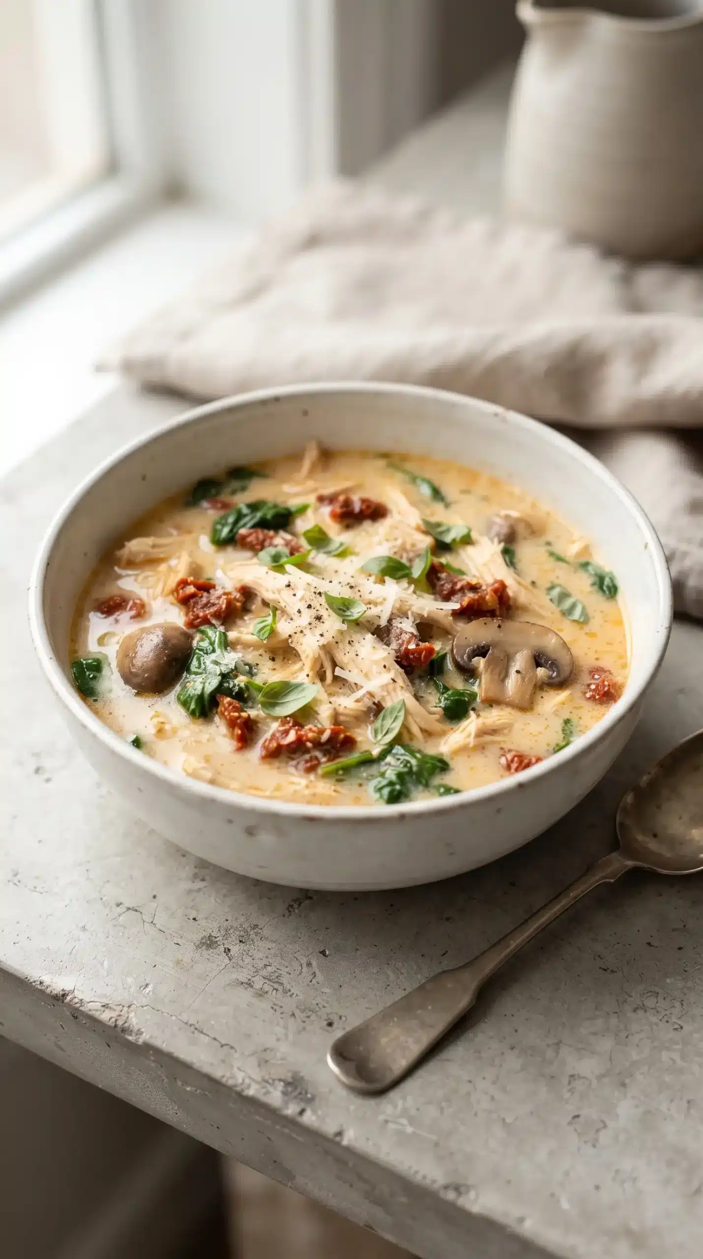 Bowl of Marry Me Chicken Soup with creamy broth, chicken, spinach, tomatoes, and Parmesan