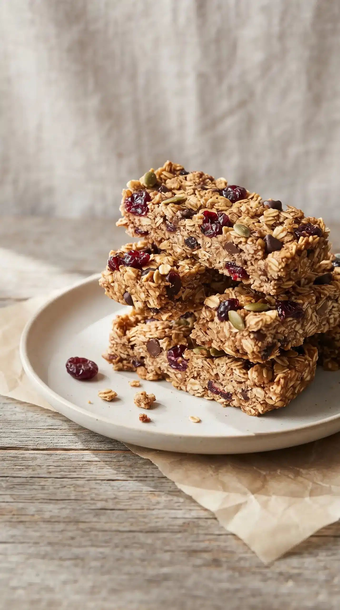 Chewy granola bars with oats, nuts, and dark chocolate chips stacked on a plate