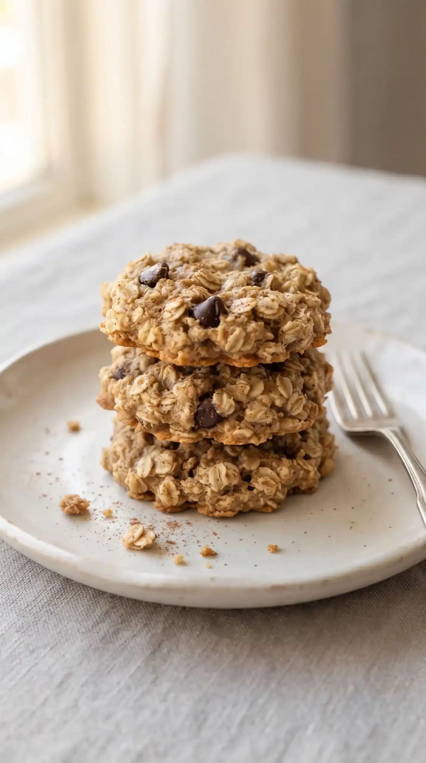 Stack of soft oatmeal protein cookies with banana, nut butter, oats, and chocolate chips