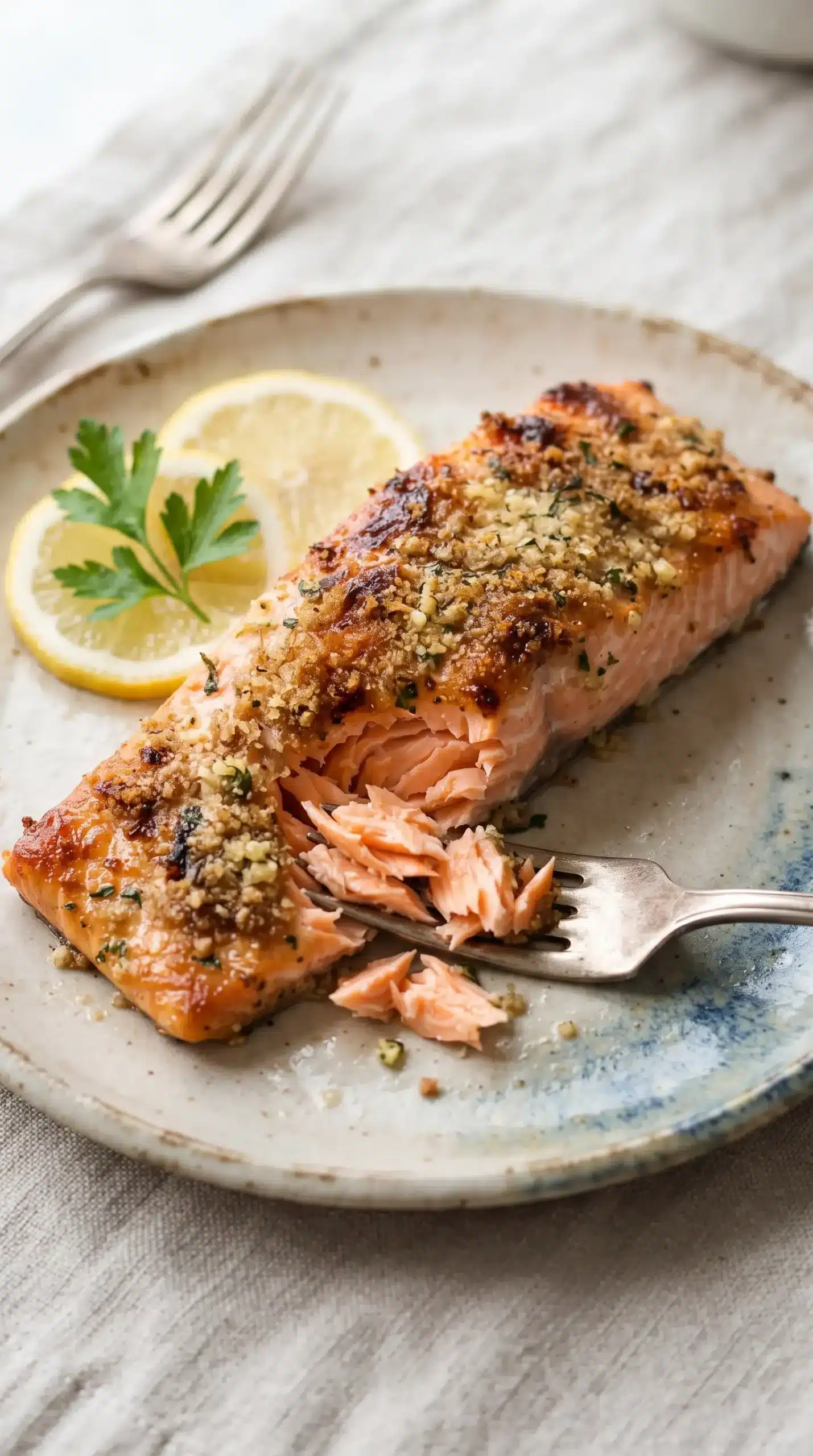 Finished oven baked salmon fillet showing flaky texture and caramelized garlic butter seasoning