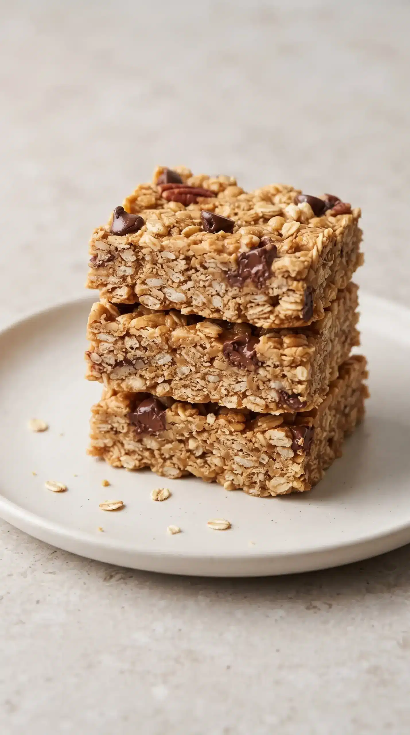 Stack of finished peanut butter granola bars with oats and chocolate chips