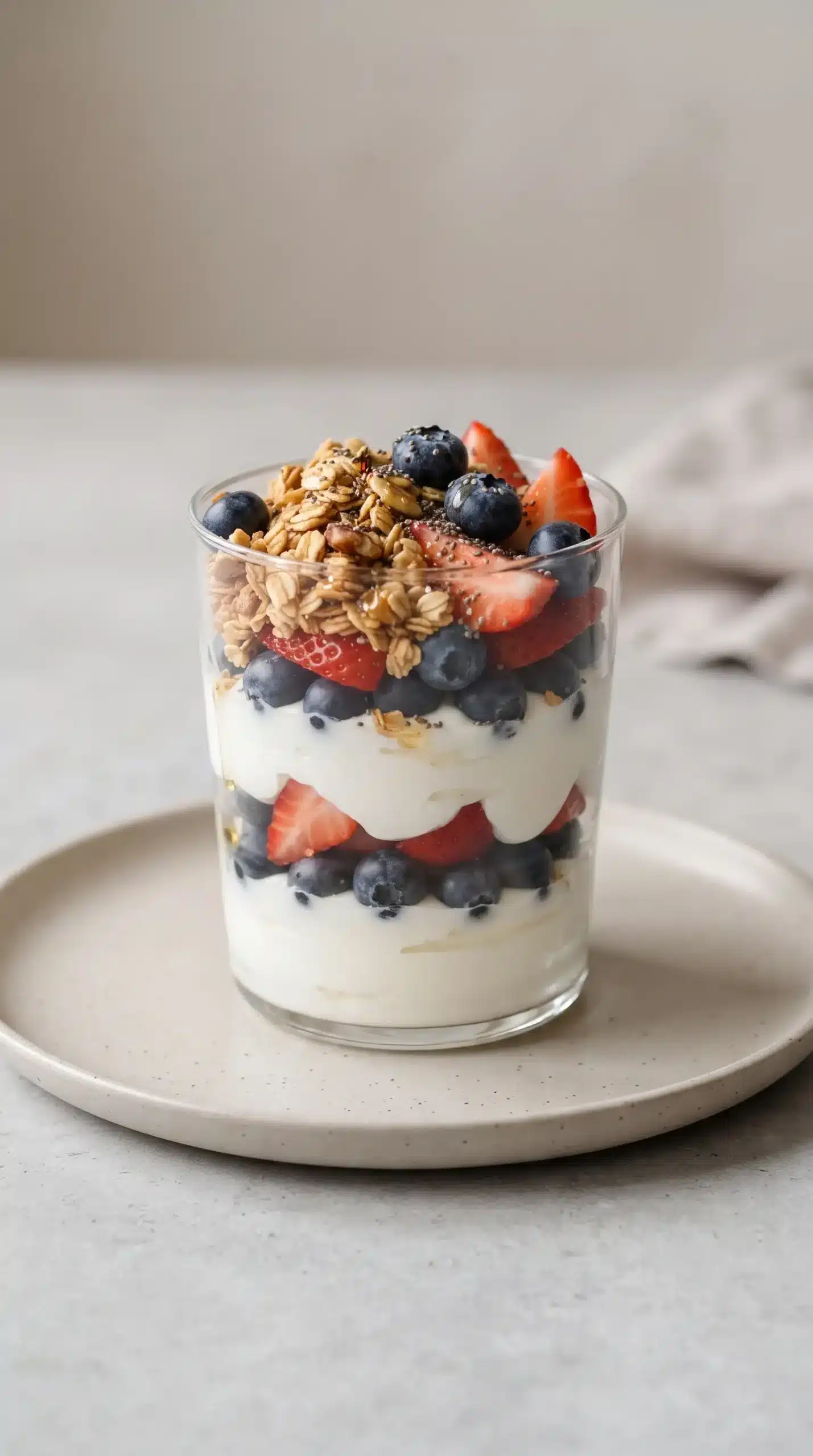 Finished protein yogurt parfait with Greek yogurt, berries, granola, chia seeds, and honey