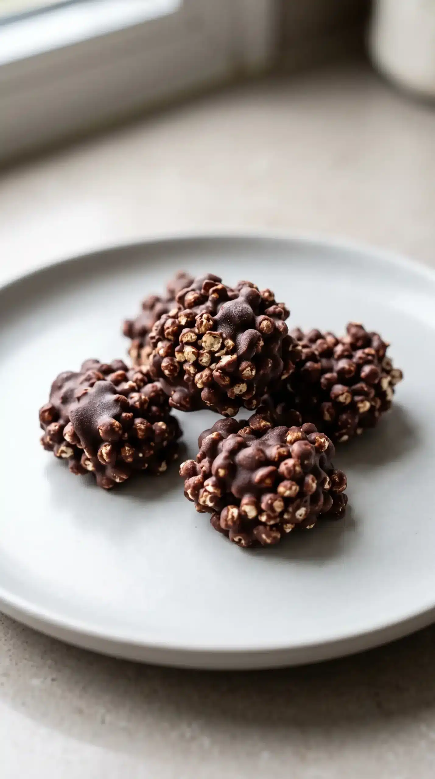 Finished quinoa chocolate crisps showing crisp puffed quinoa inside chocolate coating