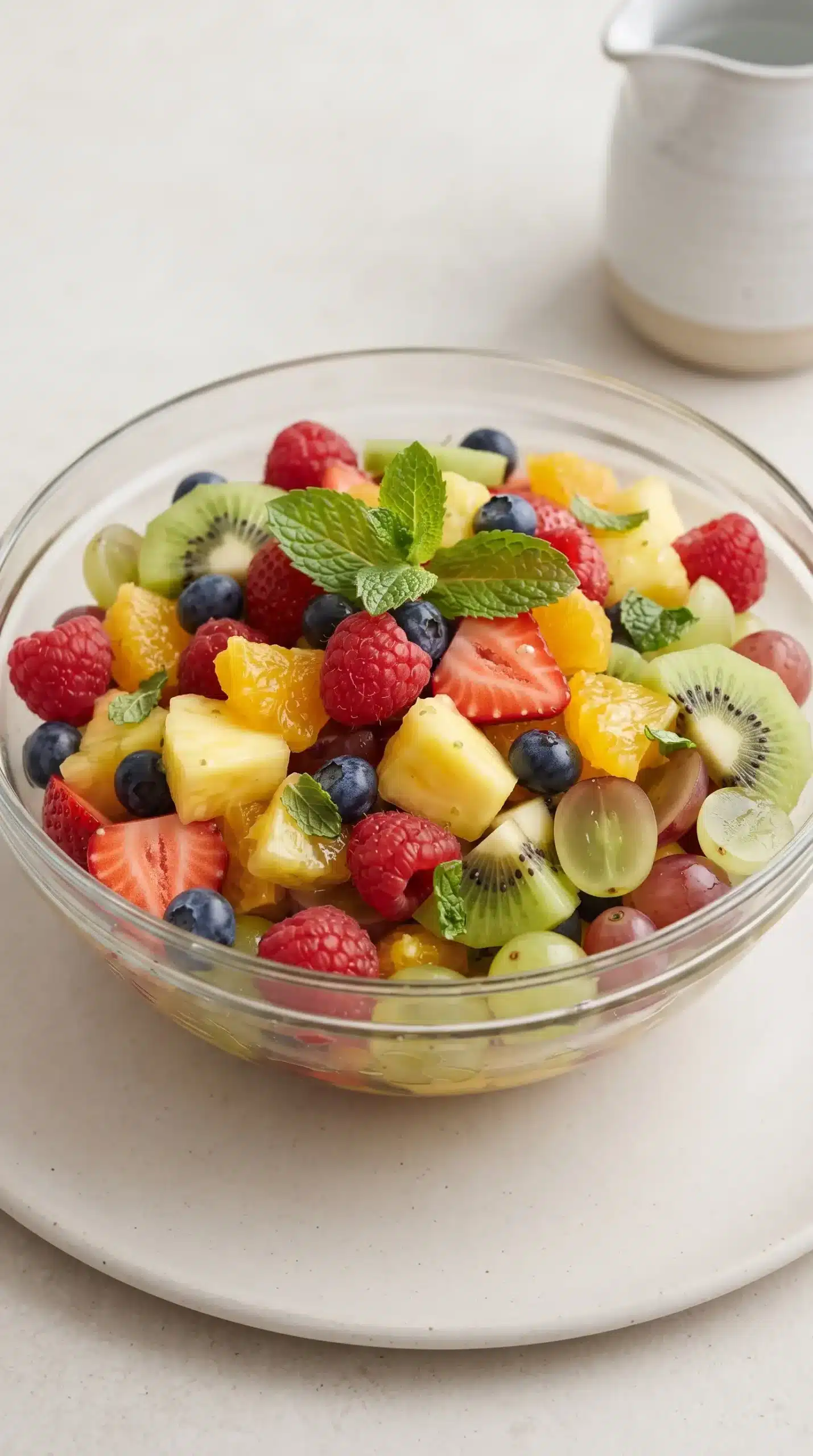 Finished rainbow fruit salad with colorful fruit pieces and mint in a glass serving bowl