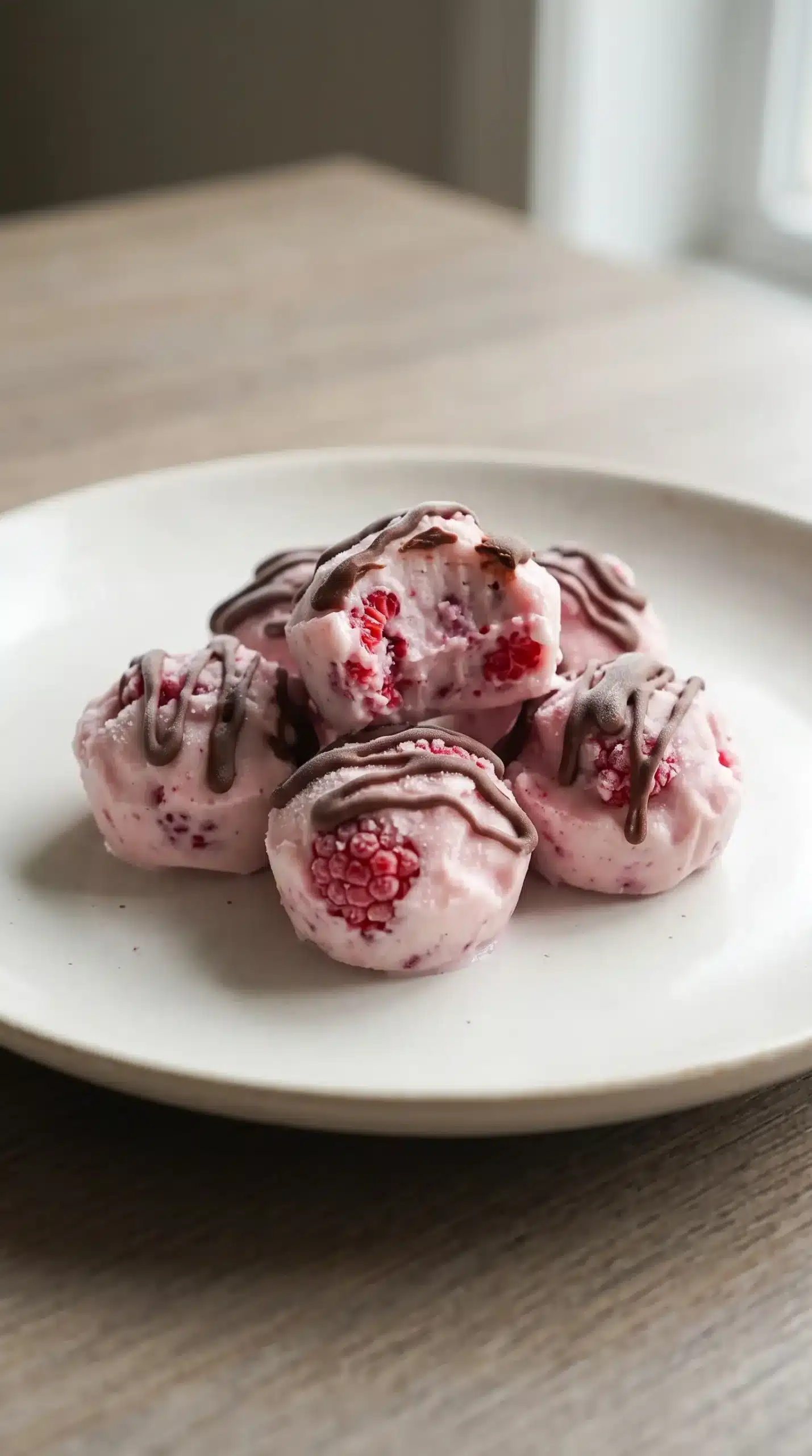 Finished frozen raspberry yogurt bites with chocolate served on a plate