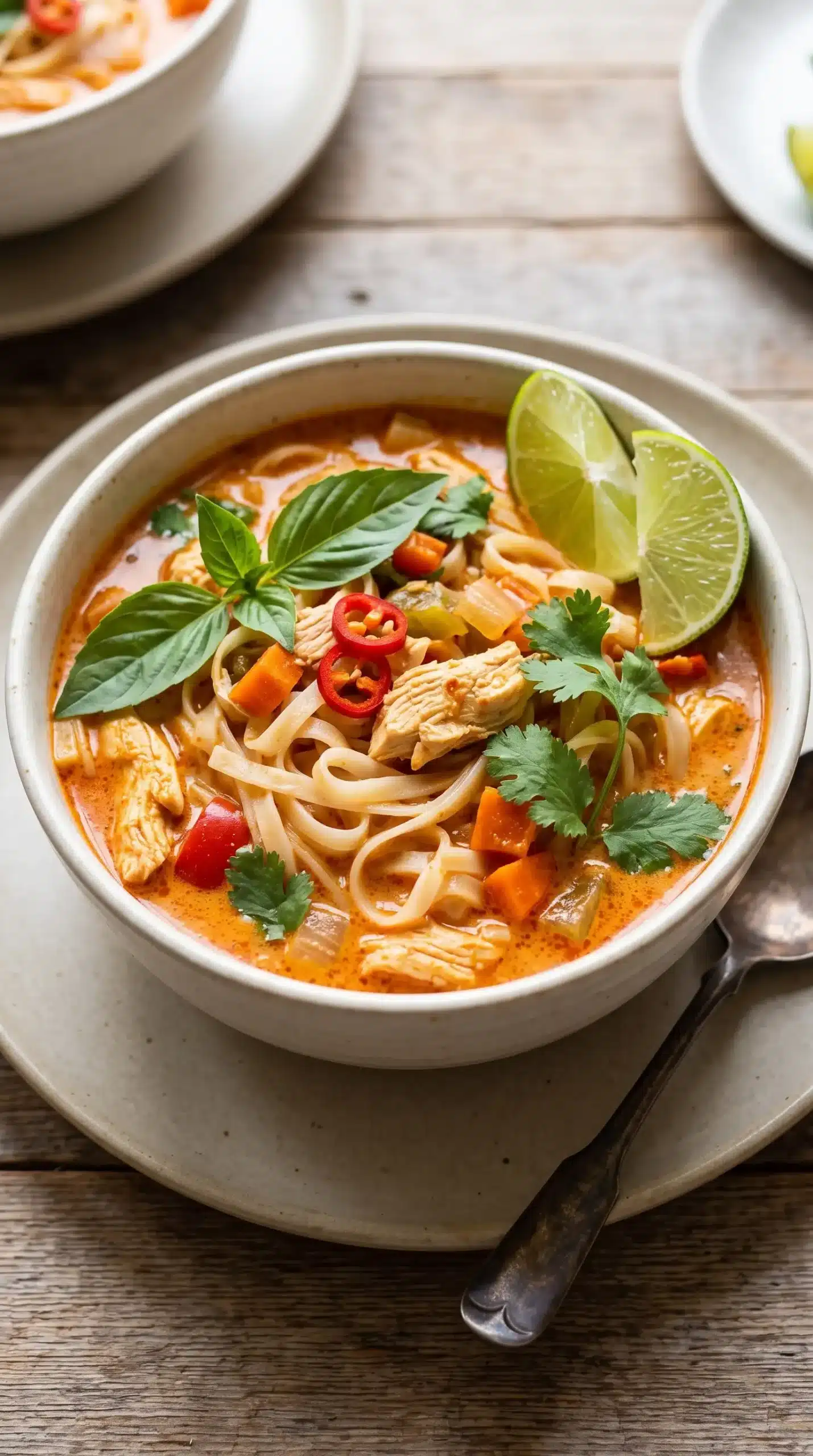 Finished red curry noodle soup with coconut broth, rice noodles, vegetables, herbs, and lime