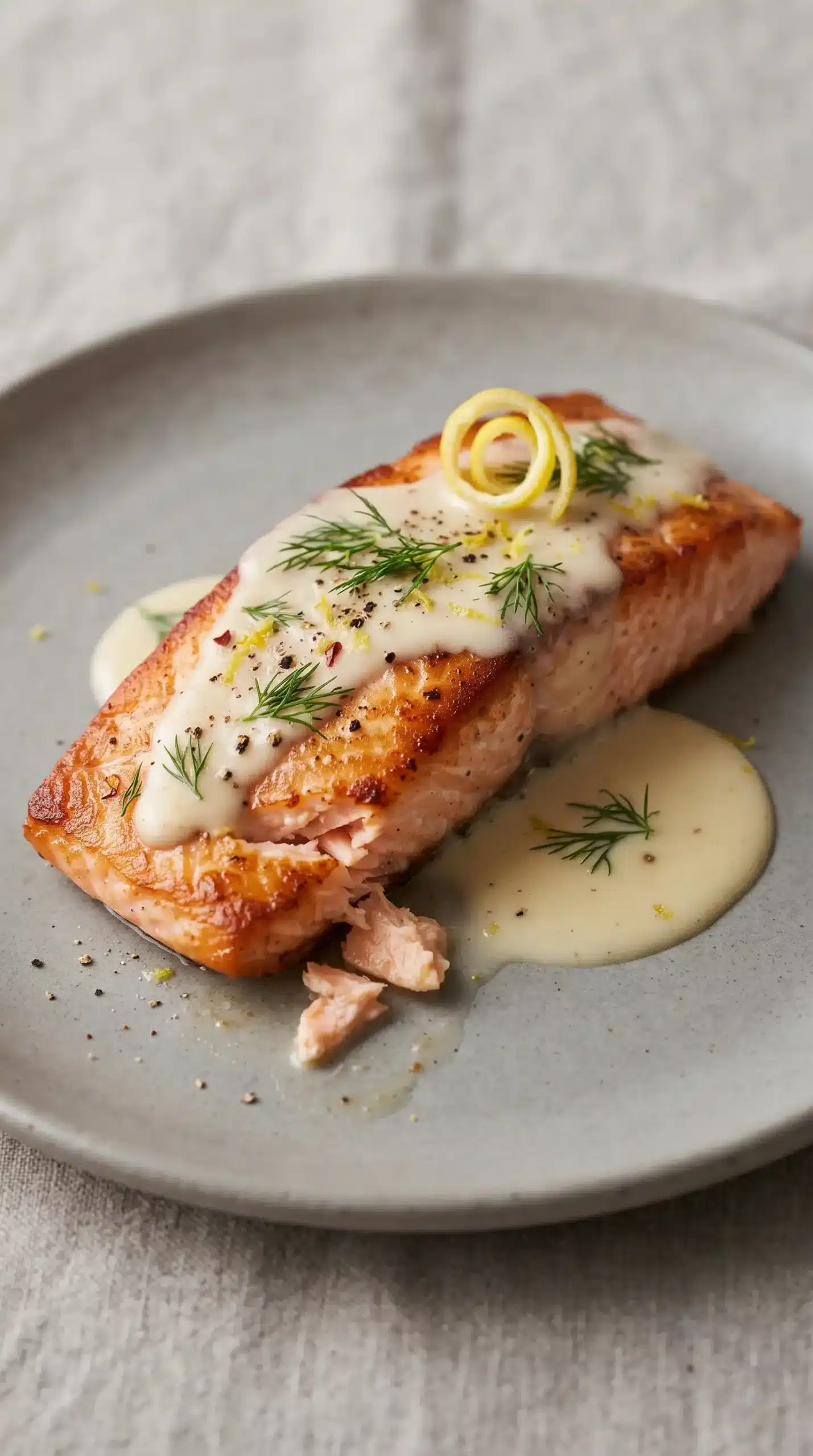 Plated salmon with lemon cream sauce, dill, and flaky golden-seared texture