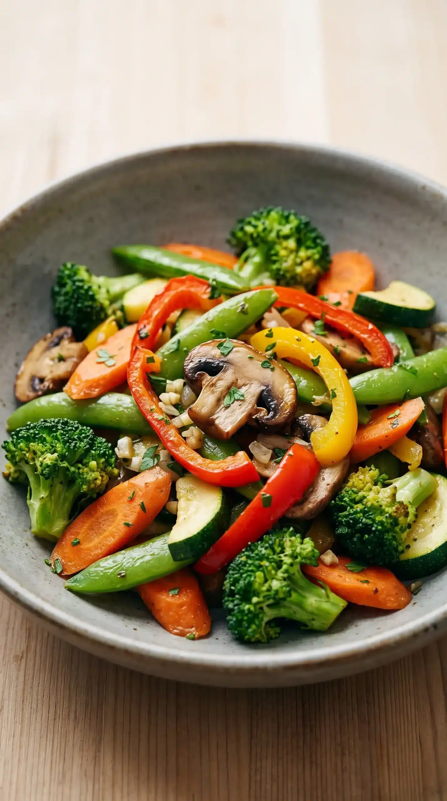 Finished sautéed vegetables with garlic, olive oil, broccoli, carrots, zucchini, peppers, and mushrooms