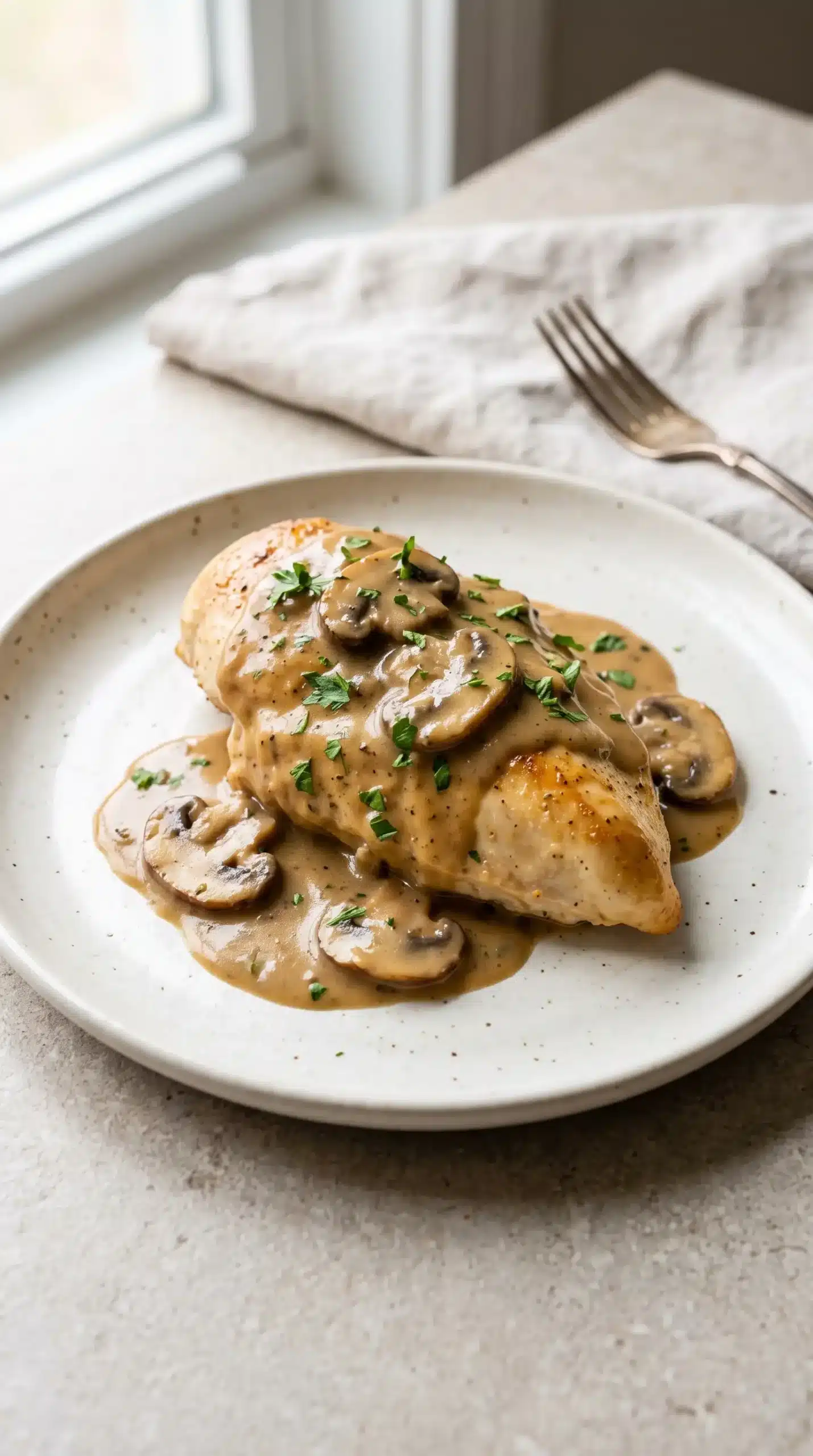 Tender smothered chicken breast topped with creamy mushroom gravy and parsley