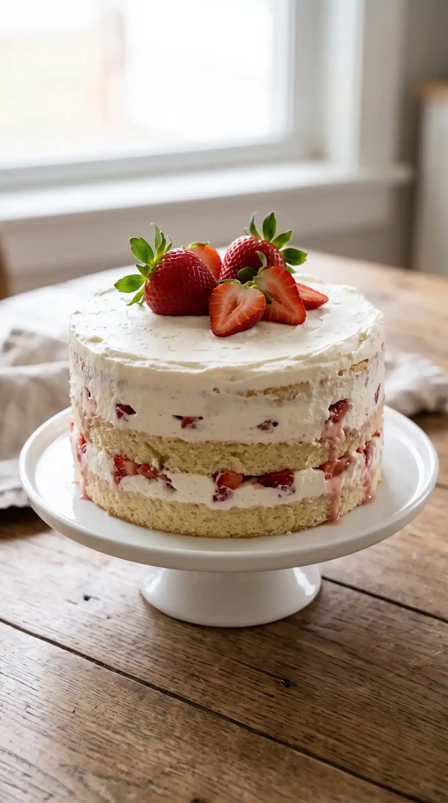 Finished strawberry shortcake cake with vanilla layers, berries, and whipped cream filling