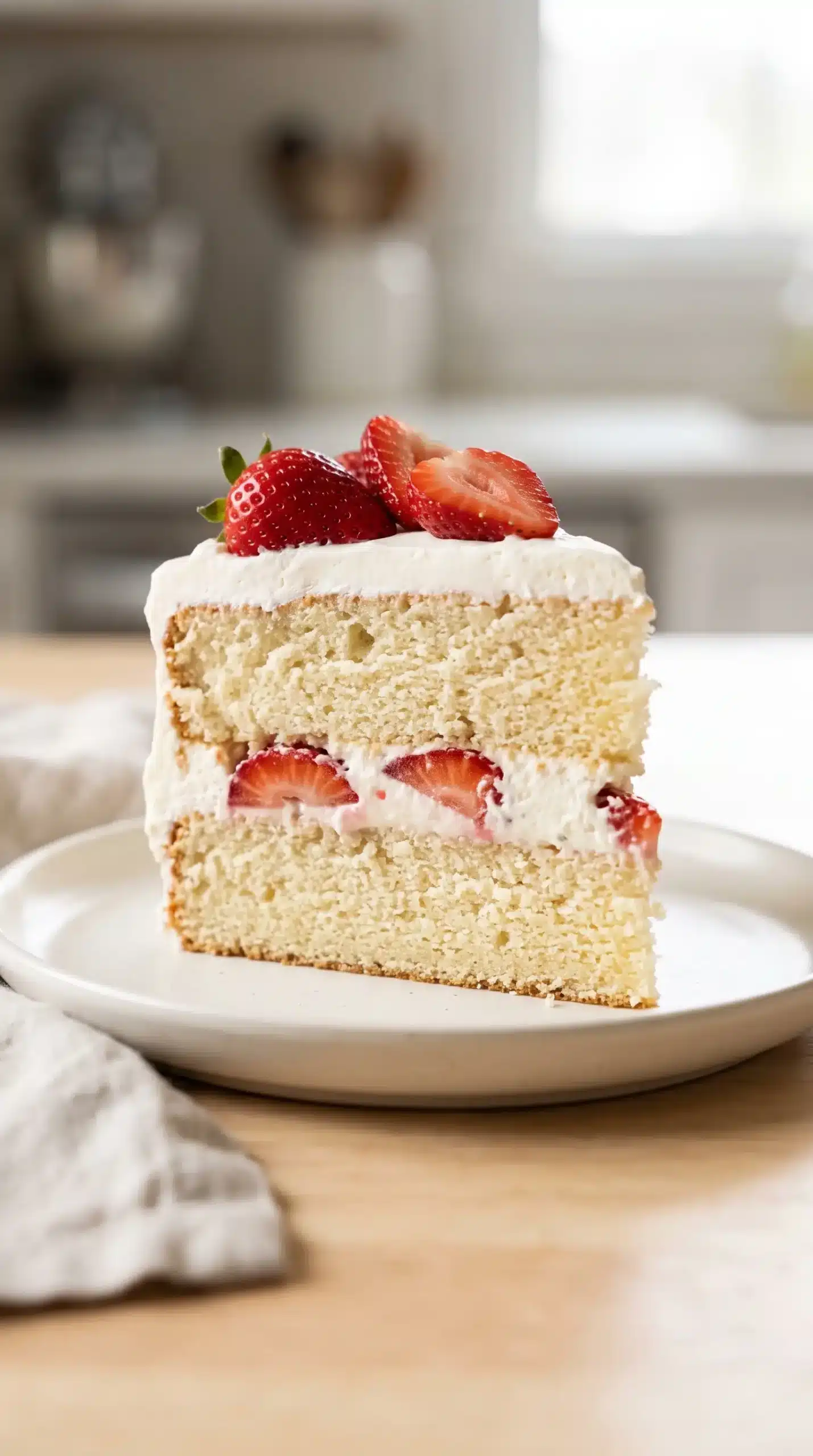 Finished strawberry shortcake cake slice showing whipped cream filling and fresh strawberry layers