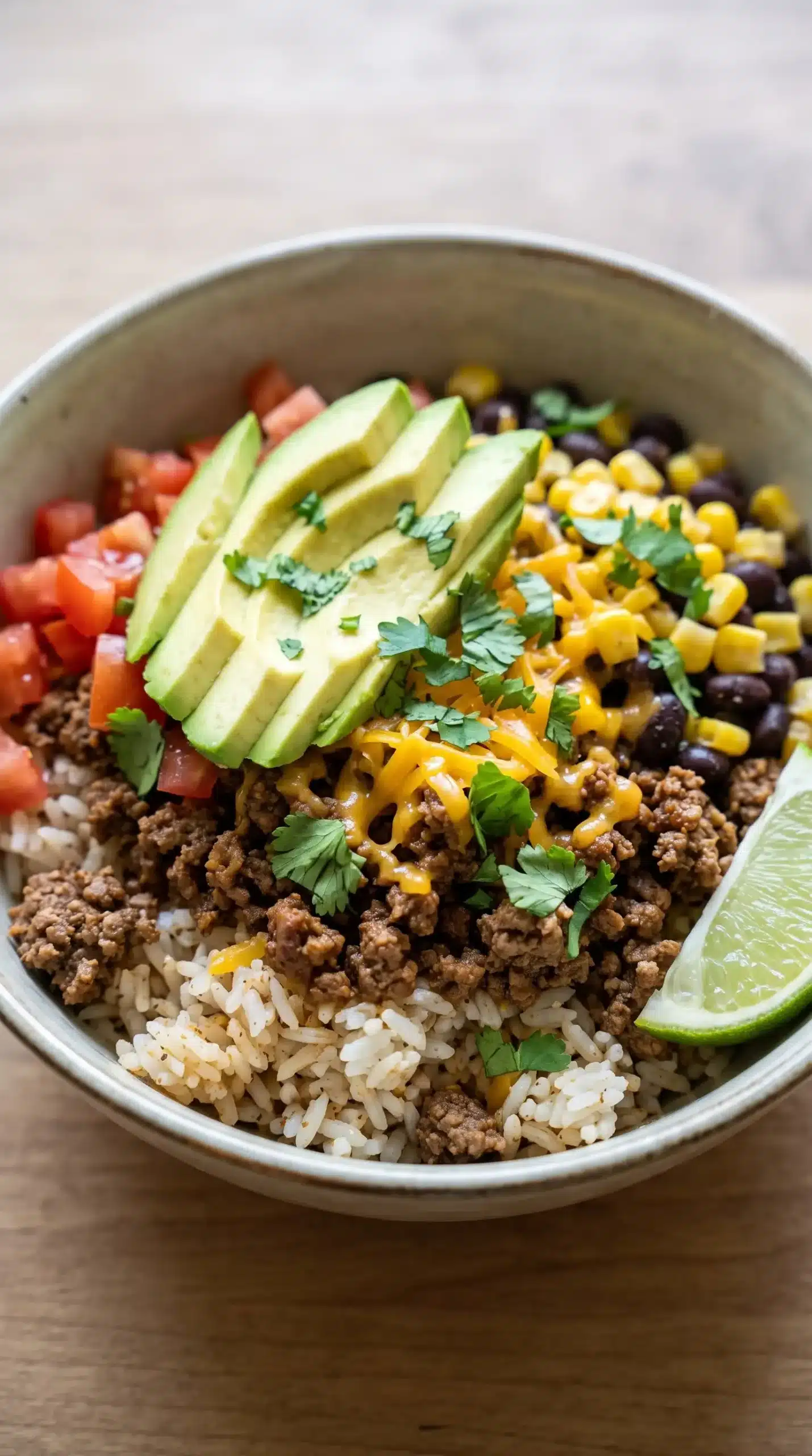 Finished Taco Rice Bowl topped with black beans, avocado, cheese, tomatoes, and cilantro