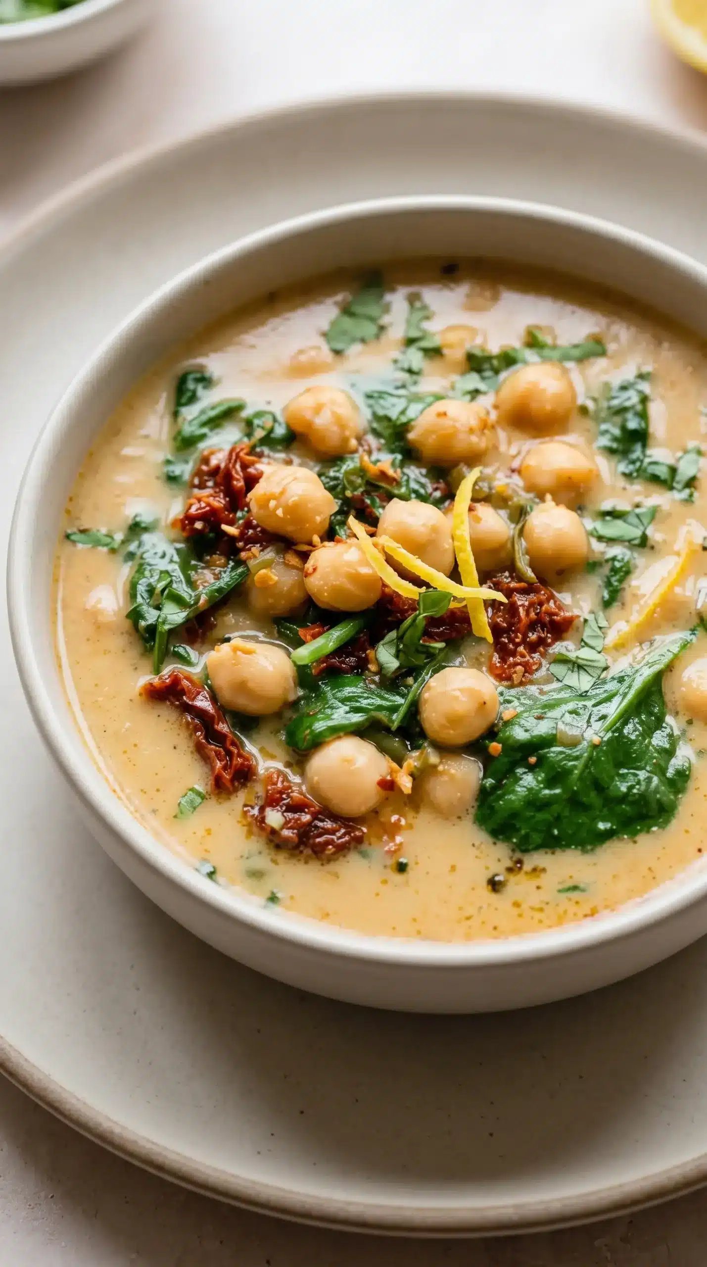 Bowl of Tuscan Garbanzo Bean Soup with chickpeas, spinach, sun-dried tomatoes, and basil