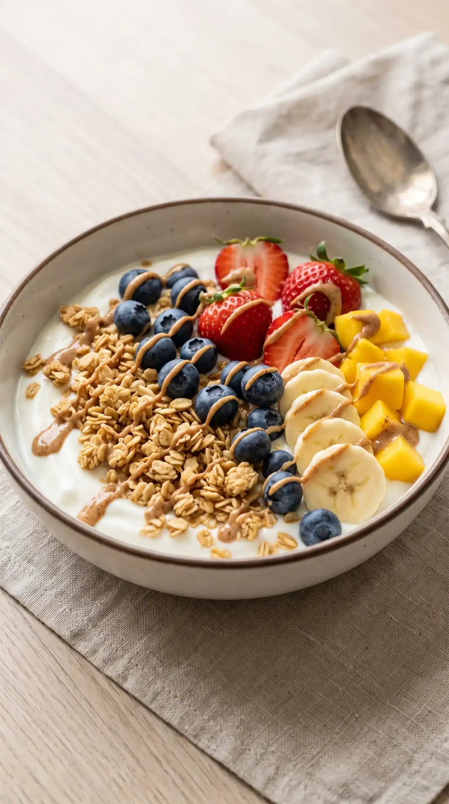 Finished yogurt granola bowl topped with fruit, granola, and a drizzle of nut butter