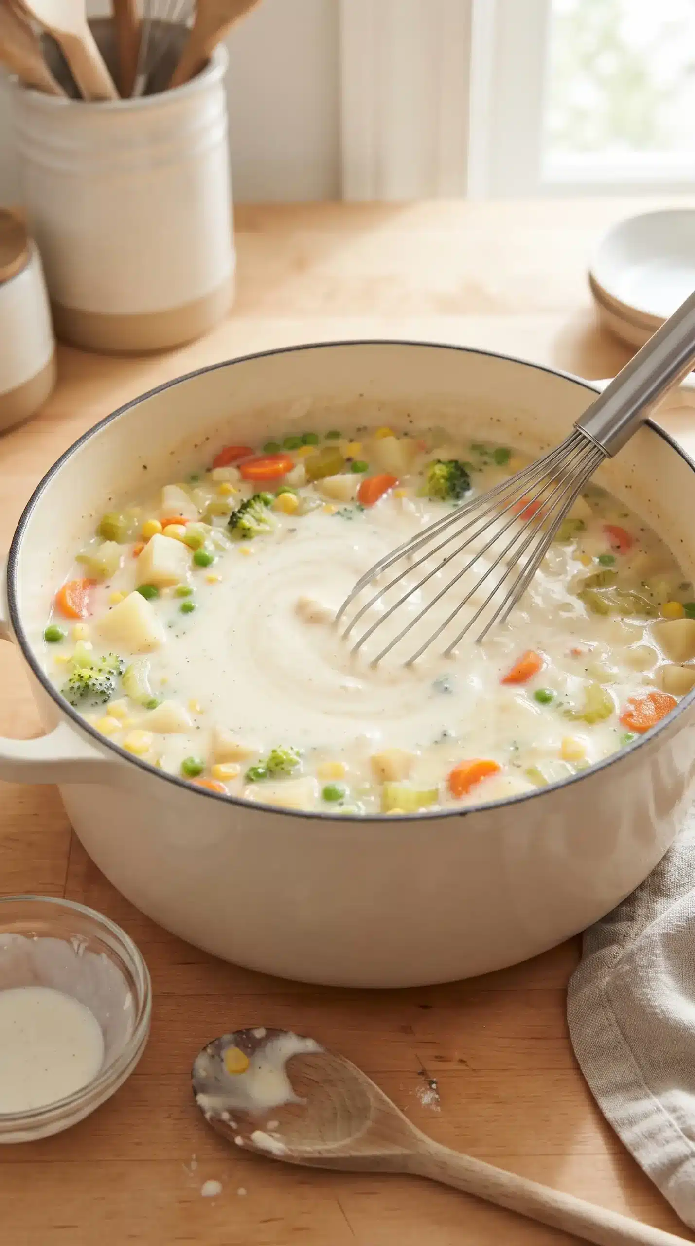 Creamy vegetable pot pie soup being finished with flour and cream stirred into the broth