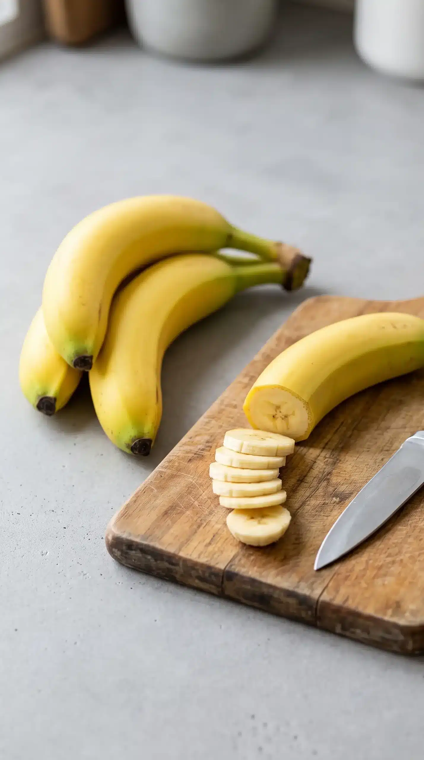 Firm bananas with one sliced into thin rounds for baked banana chips