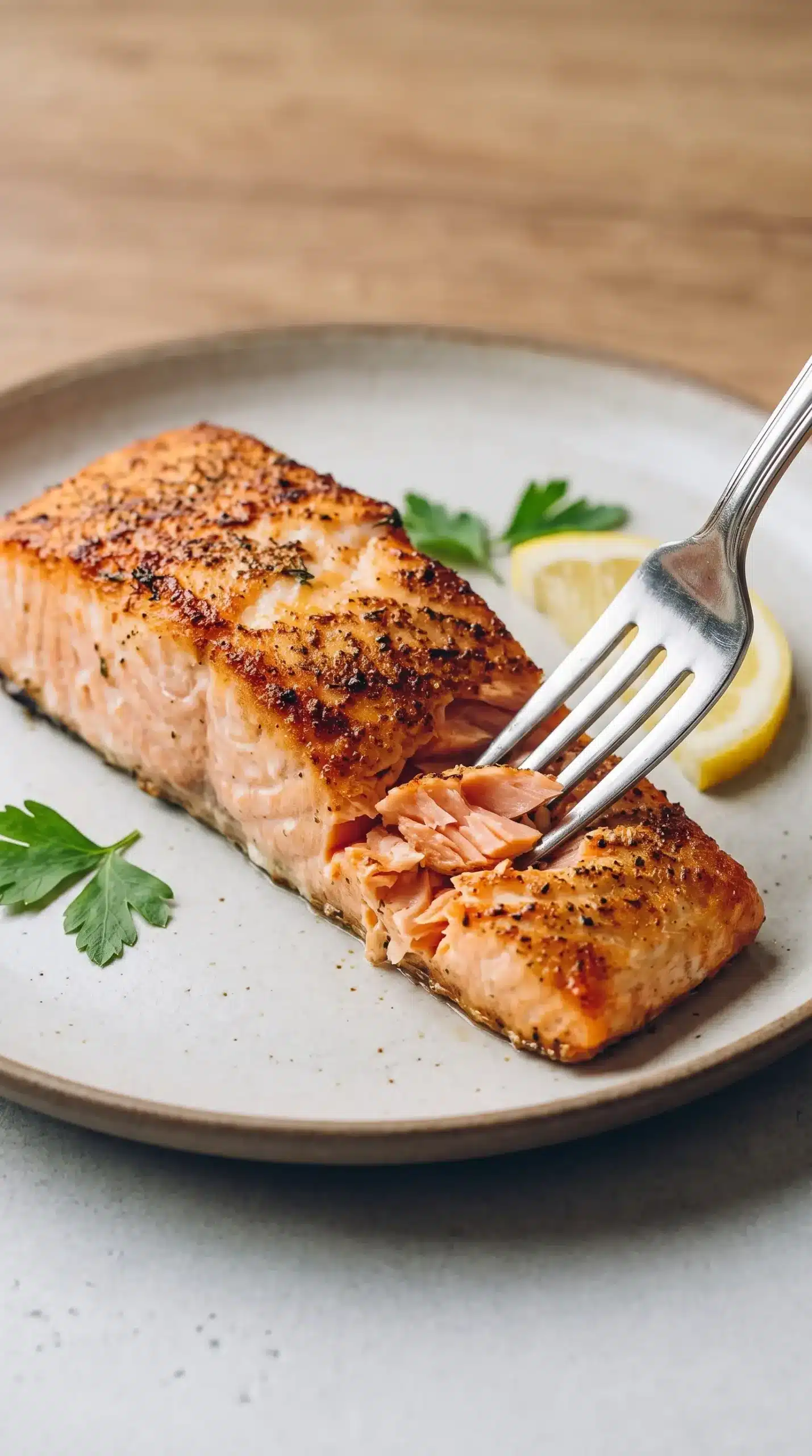 Cooked air fryer salmon fillet showing flaky texture and crisp edges