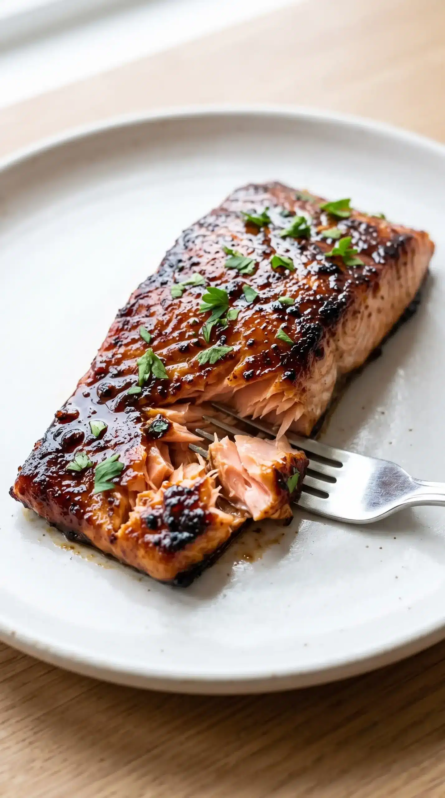 Glazed salmon fillet showing flaky moist texture and cooked layers
