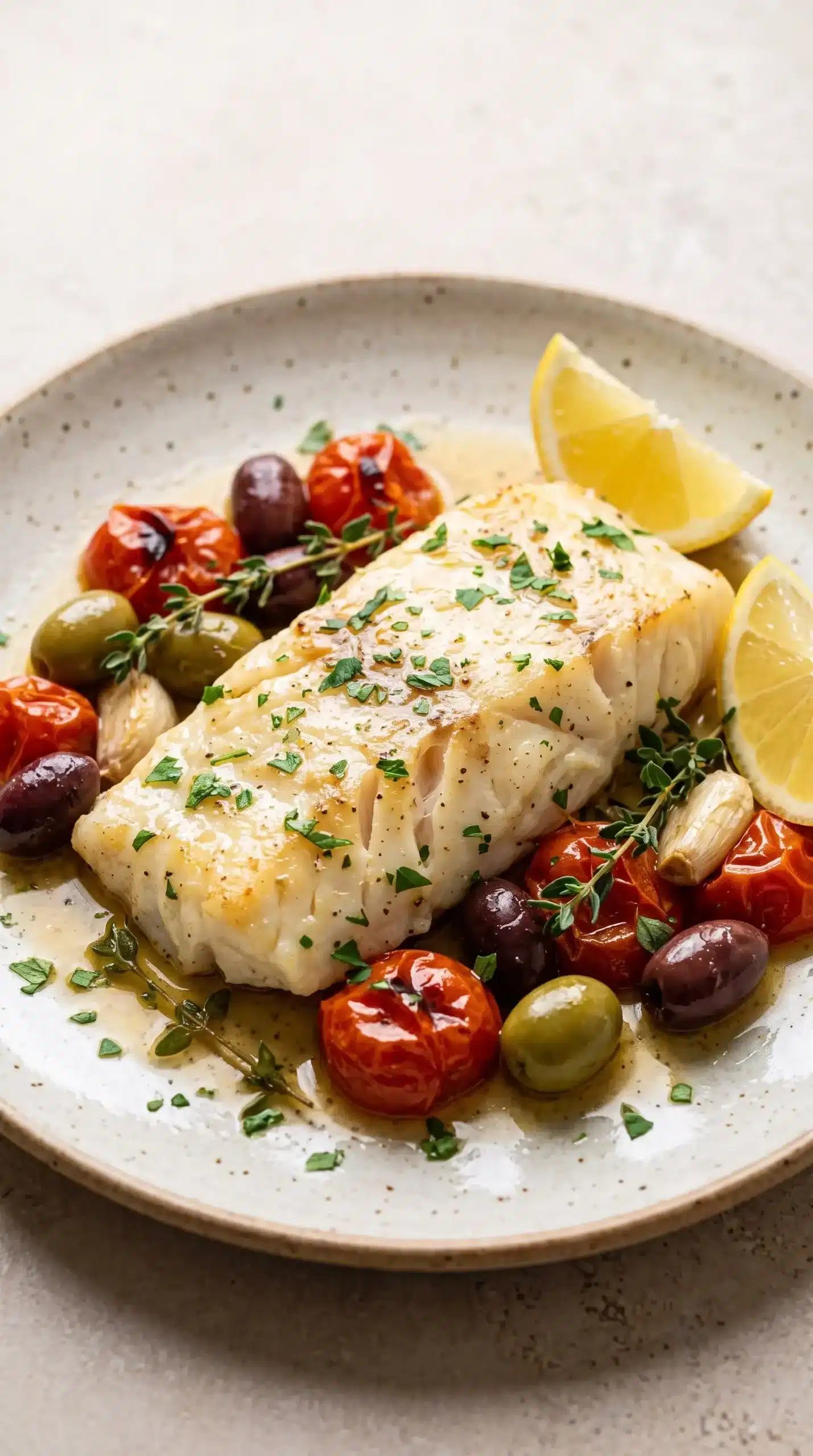 Serving of flaky baked fish with roasted tomatoes, olives, herbs, and lemon on a plate