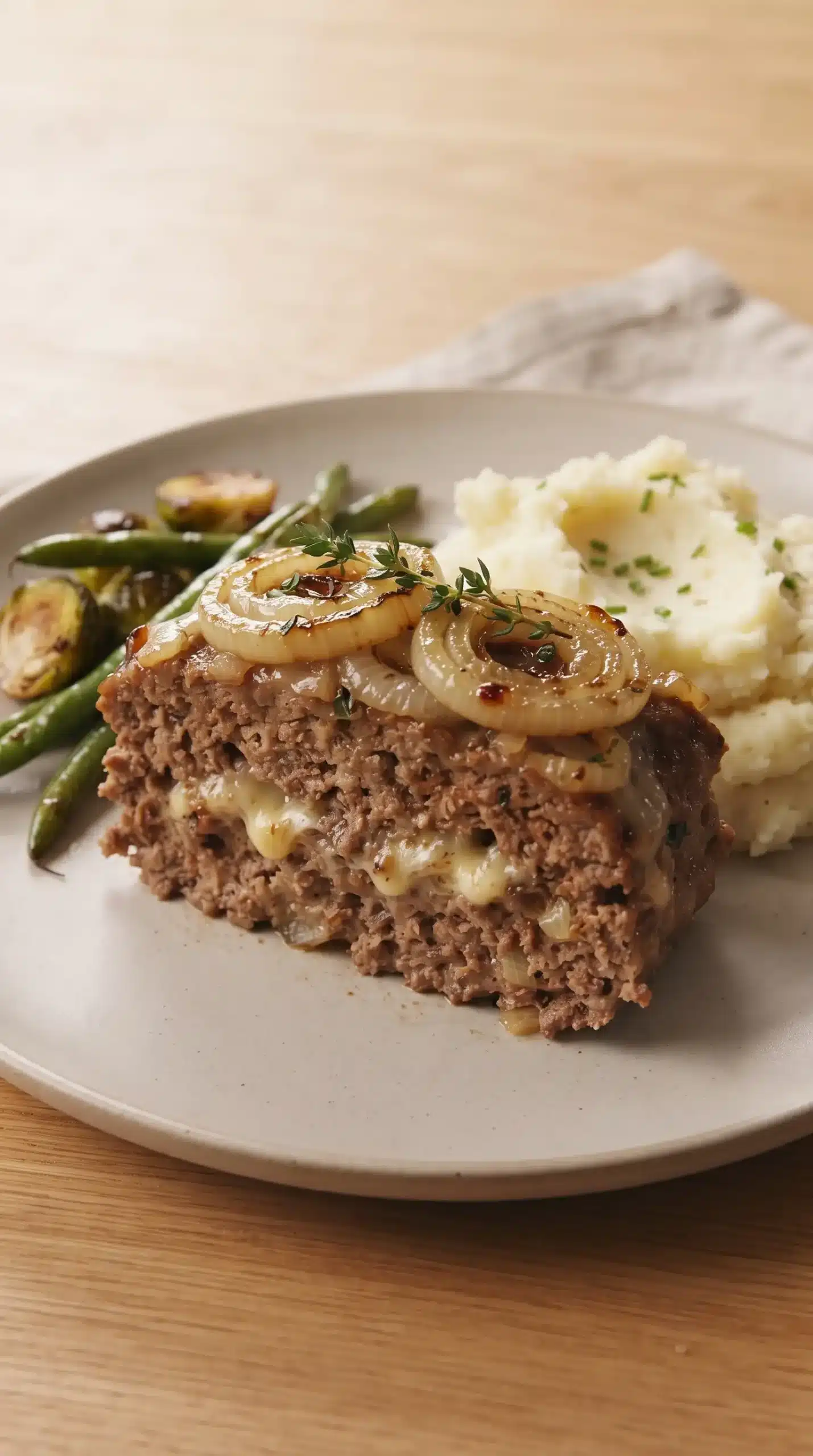 French onion meatloaf slice served with mashed potatoes and roasted vegetables