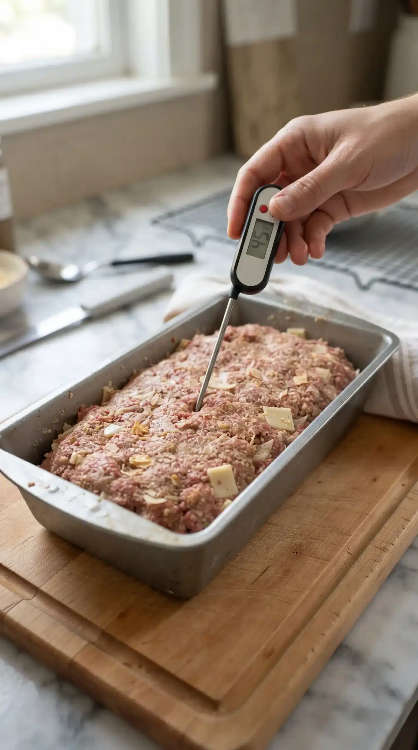 Raw french onion meatloaf mixture in a loaf pan checked with a thermometer