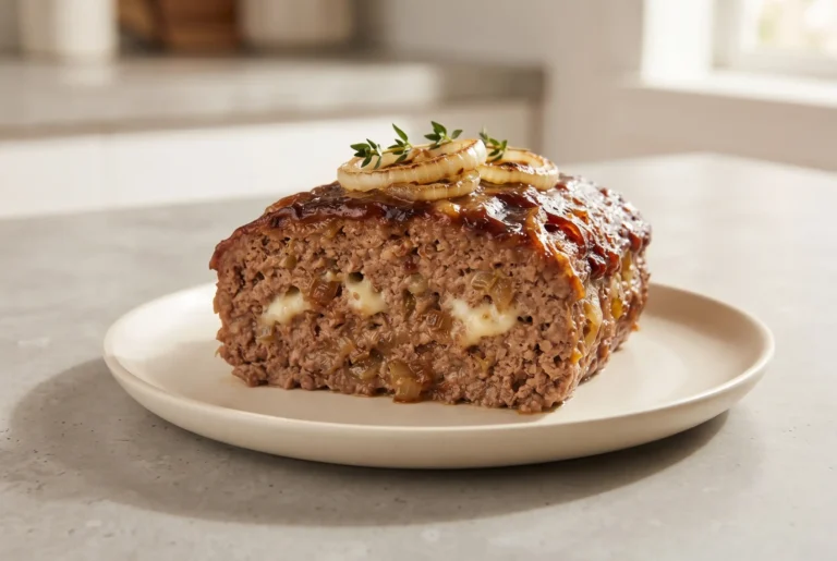 Sliced french onion meatloaf with Swiss cheese and onion soup mix on a plate