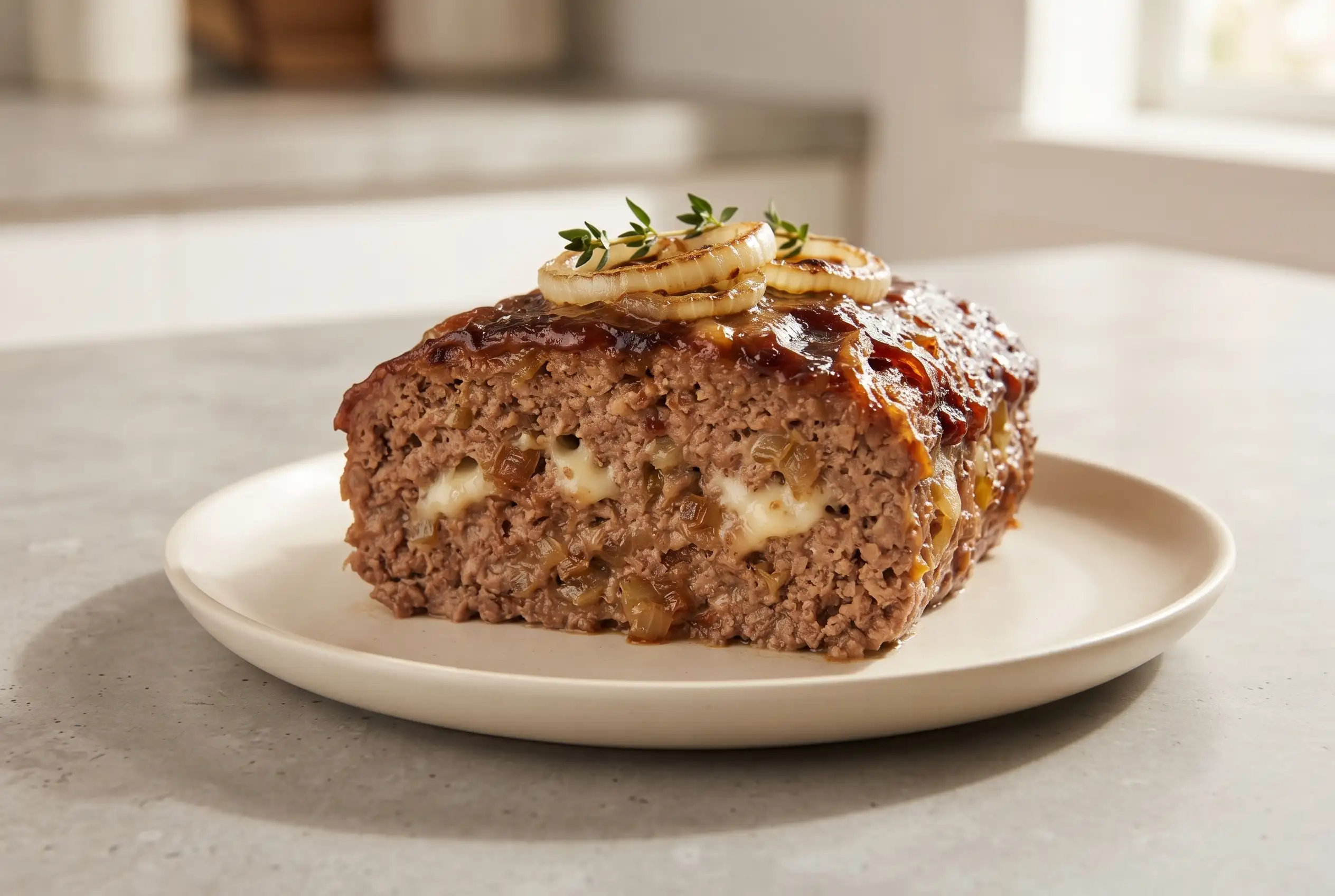 Sliced french onion meatloaf with Swiss cheese and onion soup mix on a plate