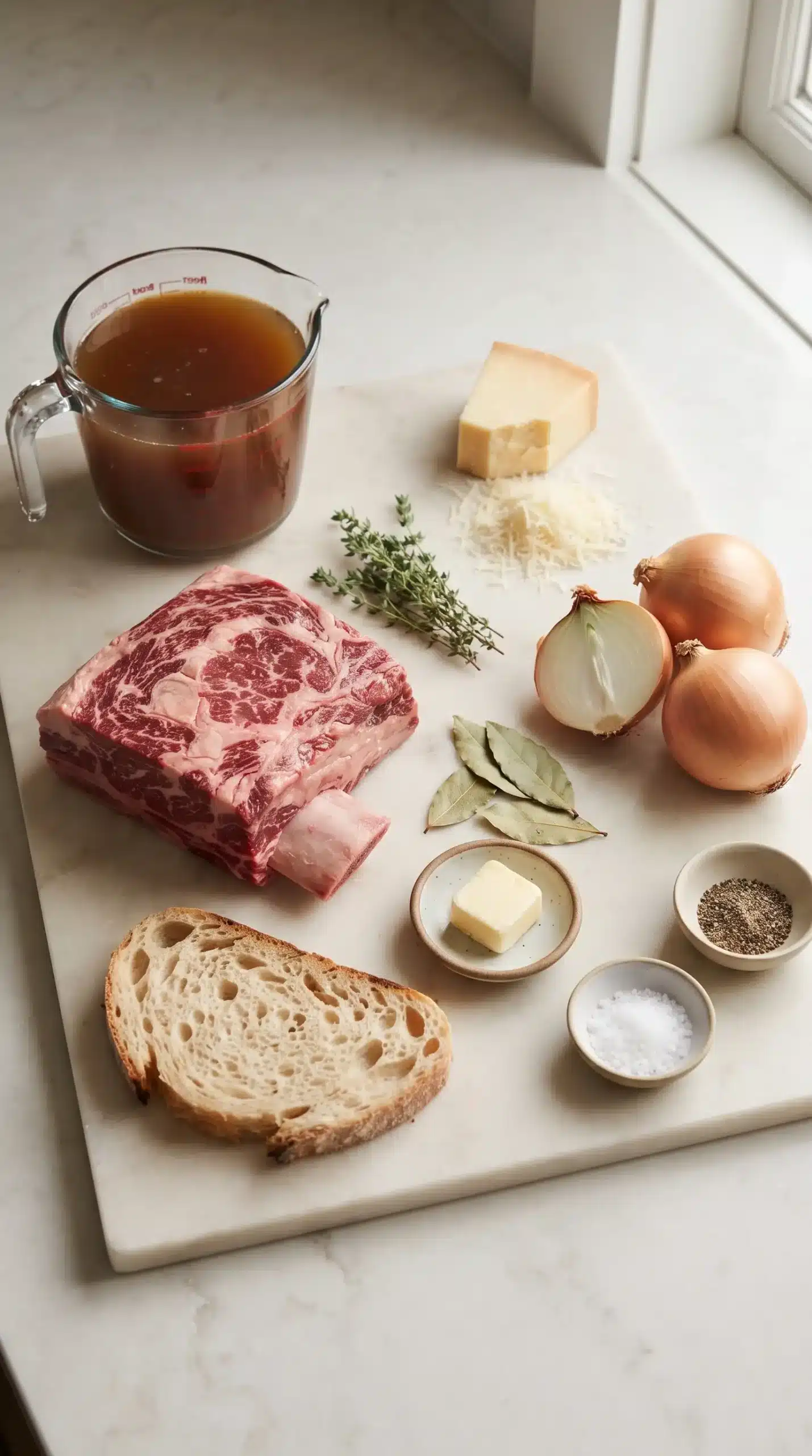 Short ribs, onions, Gruyère, sourdough, broth, and herbs for French onion short rib soup