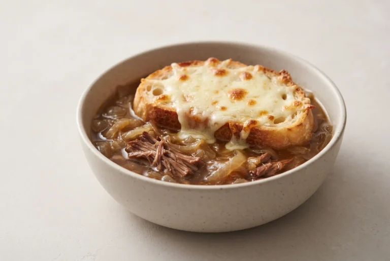 French onion short rib soup with tender beef, caramelized onions, toasted sourdough, and melted Gruyère