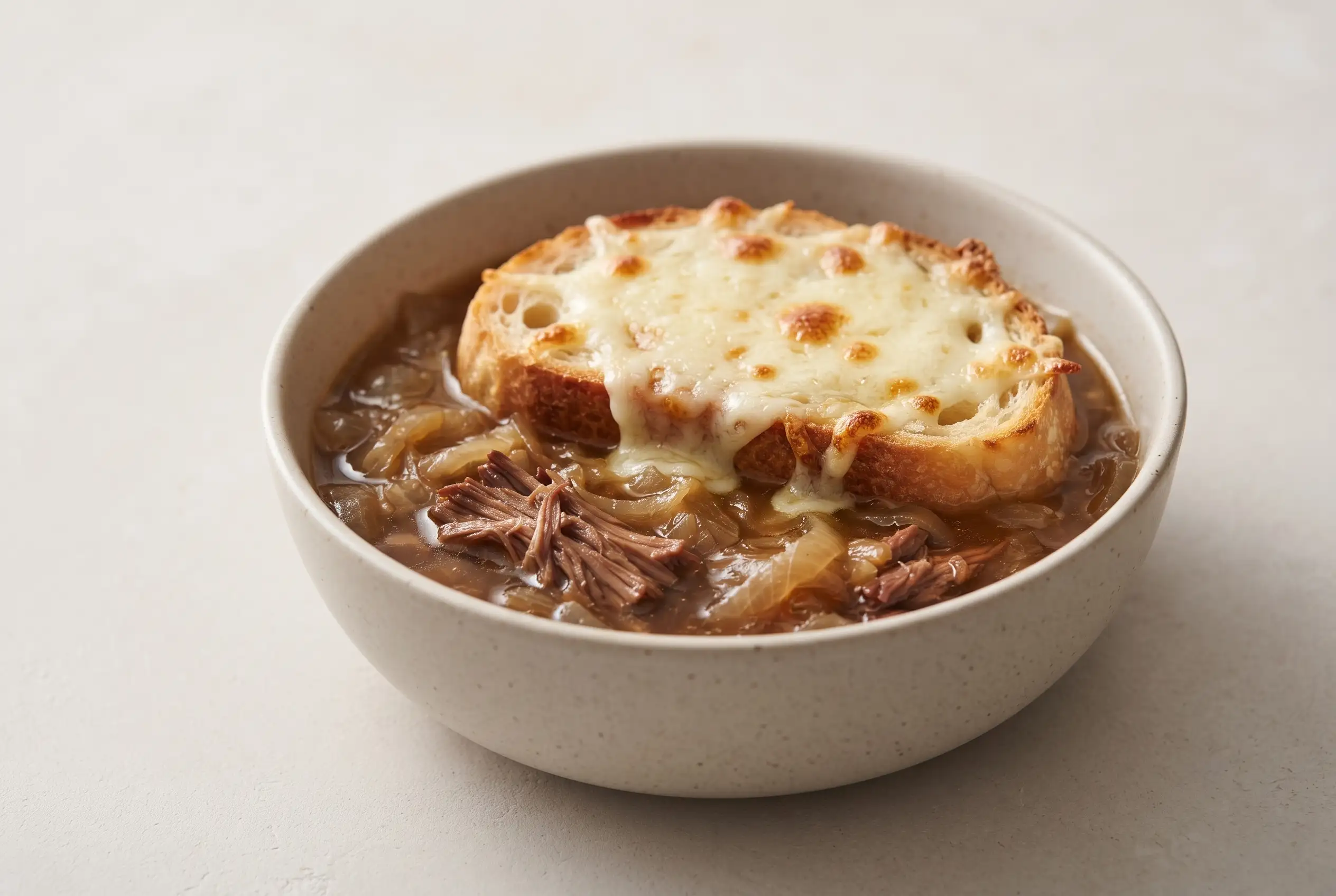 French onion short rib soup with tender beef, caramelized onions, toasted sourdough, and melted Gruyère