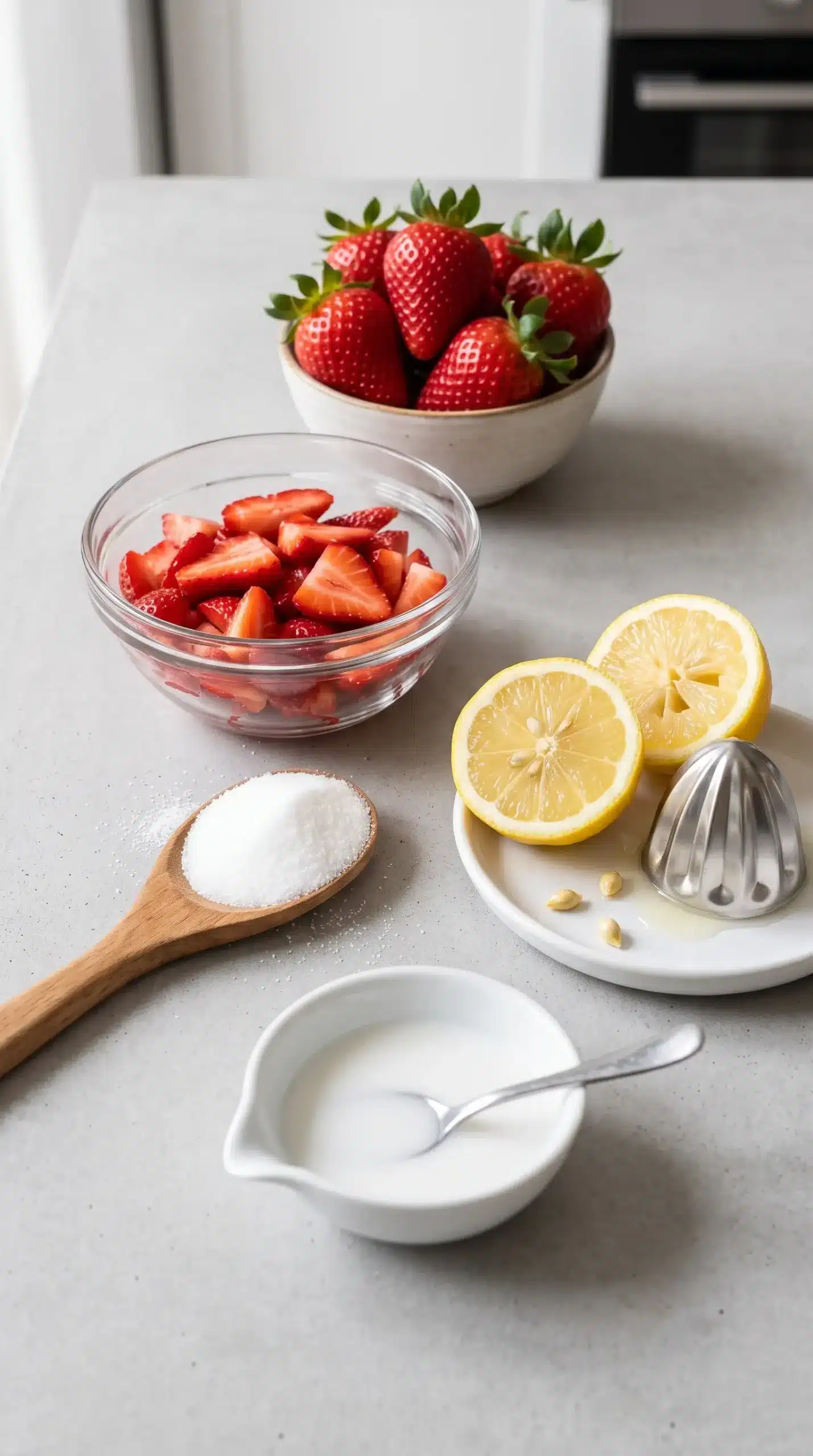 Fresh strawberries, sugar, lemon, and cornstarch prepared for strawberry sauce recipe