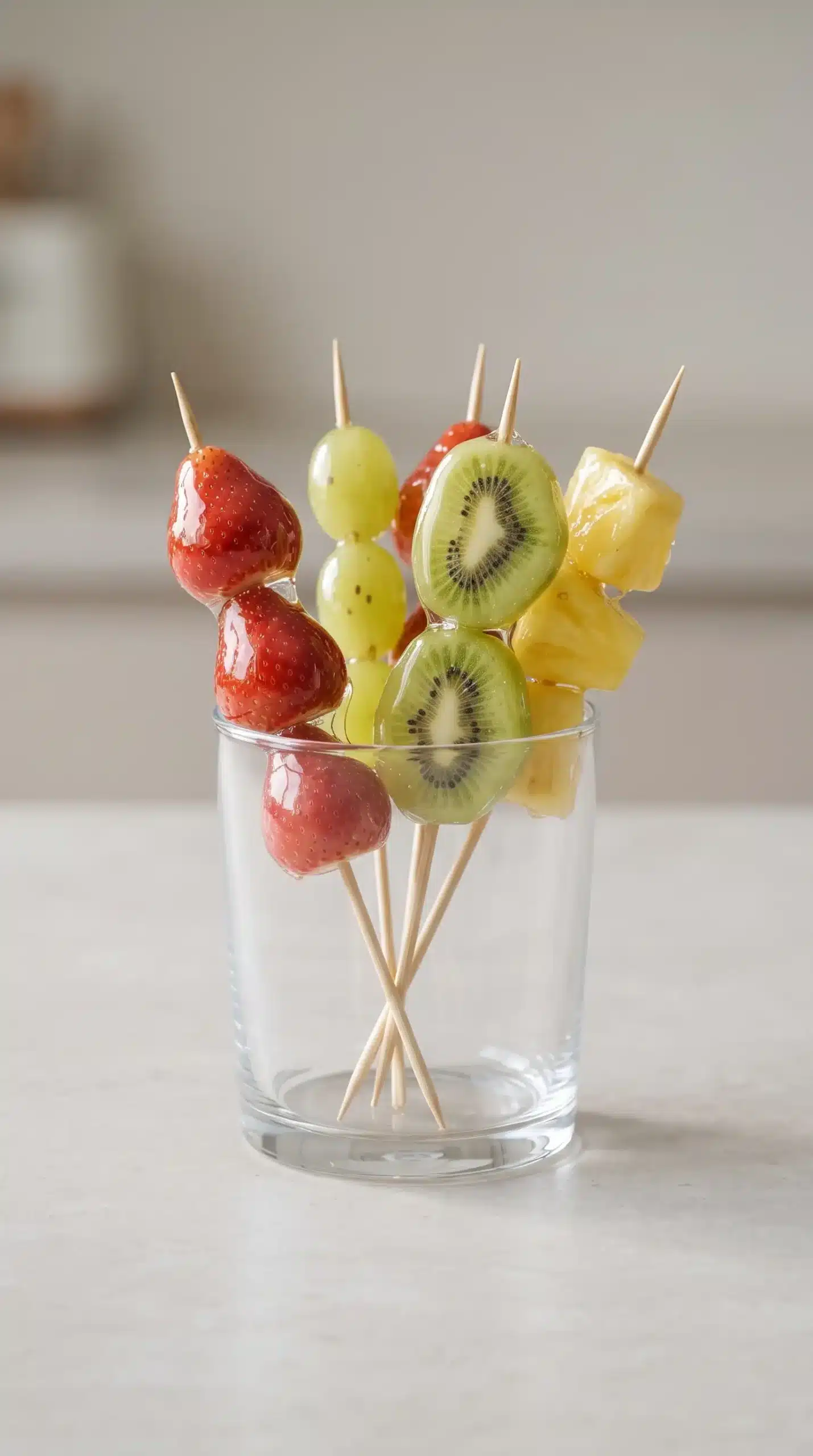 Finished tanghulu skewers with strawberries, grapes, kiwi, and pineapple in a glass-like shell