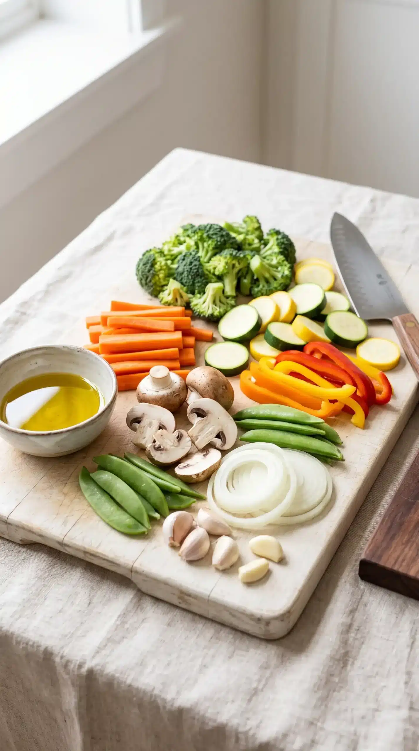Fresh broccoli, carrots, zucchini, peppers, mushrooms, snap peas, onion, garlic, and olive oil prepared for cooking