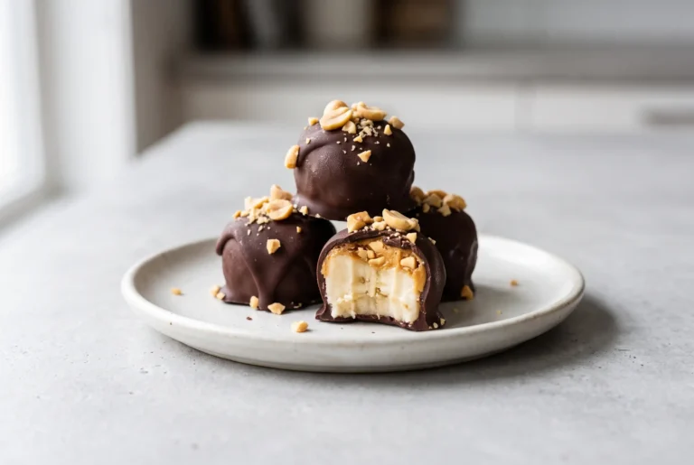 Low calorie frozen banana snickers bites with peanut butter, peanuts, and dark chocolate coating on a plate