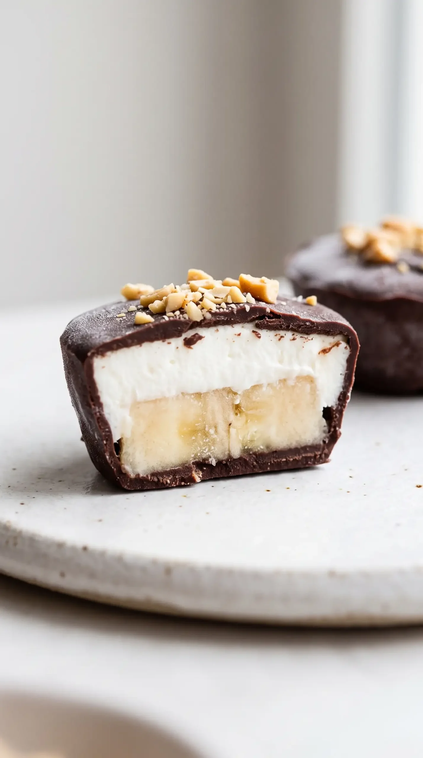 Cut chocolate banana yogurt bite showing frozen banana, yogurt, chocolate, and peanut layers