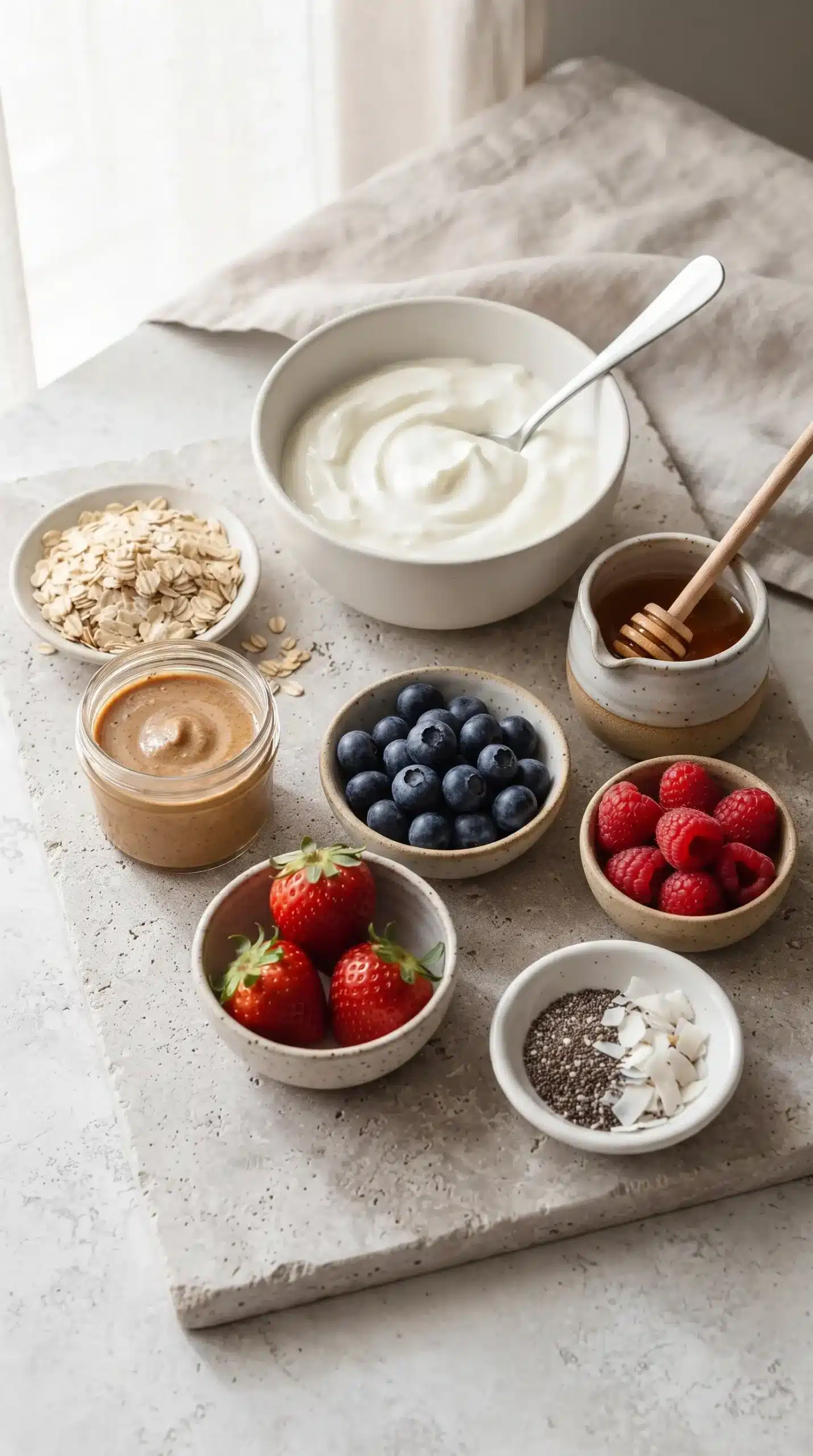 Greek yogurt, oats, almond butter, honey, and berries for frozen yogurt granola cups