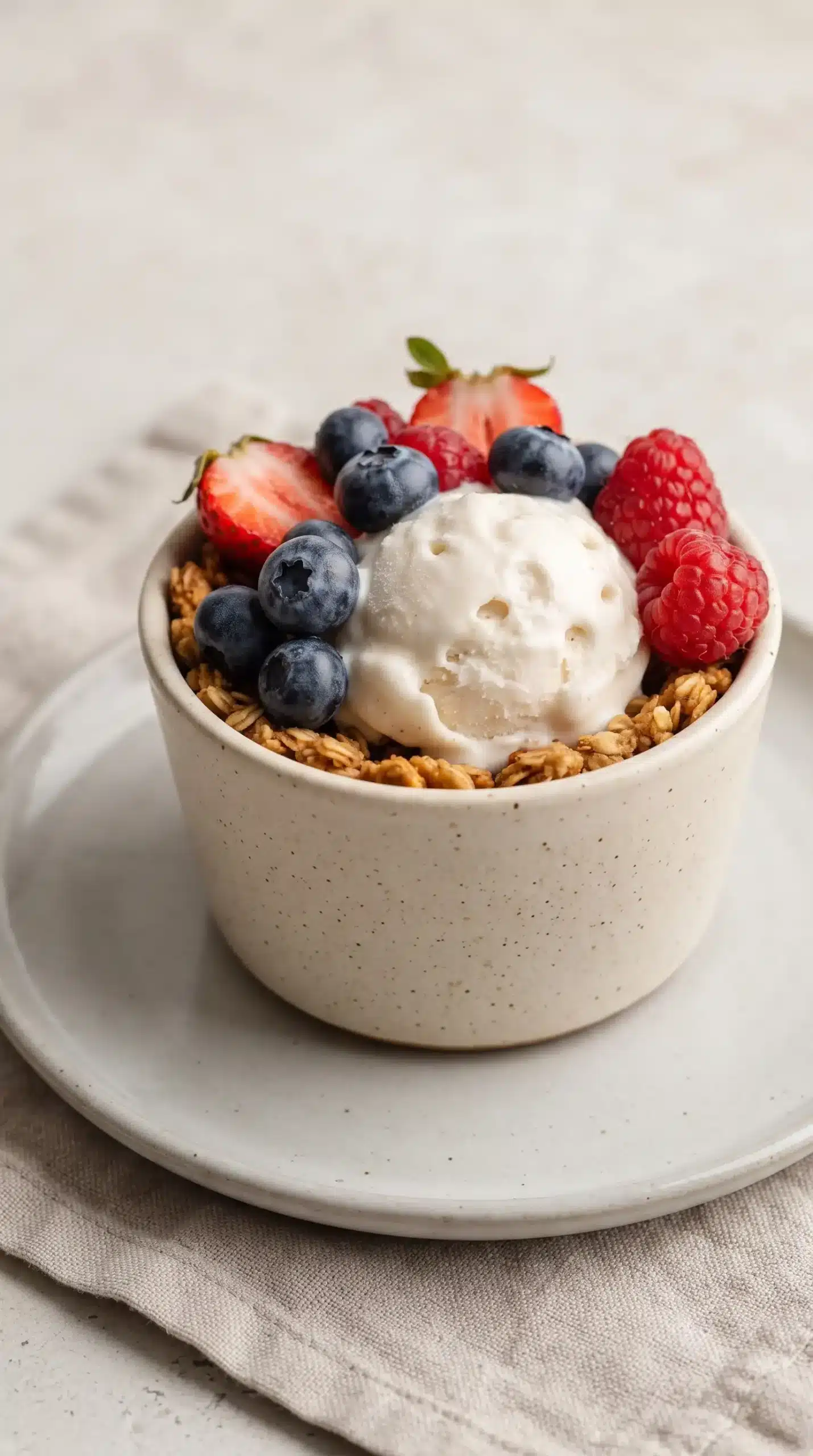 Frozen yogurt granola cup topped with fresh berries showing creamy filling and oat crust