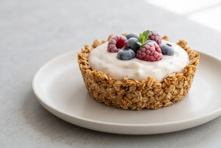 Frozen yogurt granola cup with Greek yogurt filling, oat crust, and fresh berries on a plate