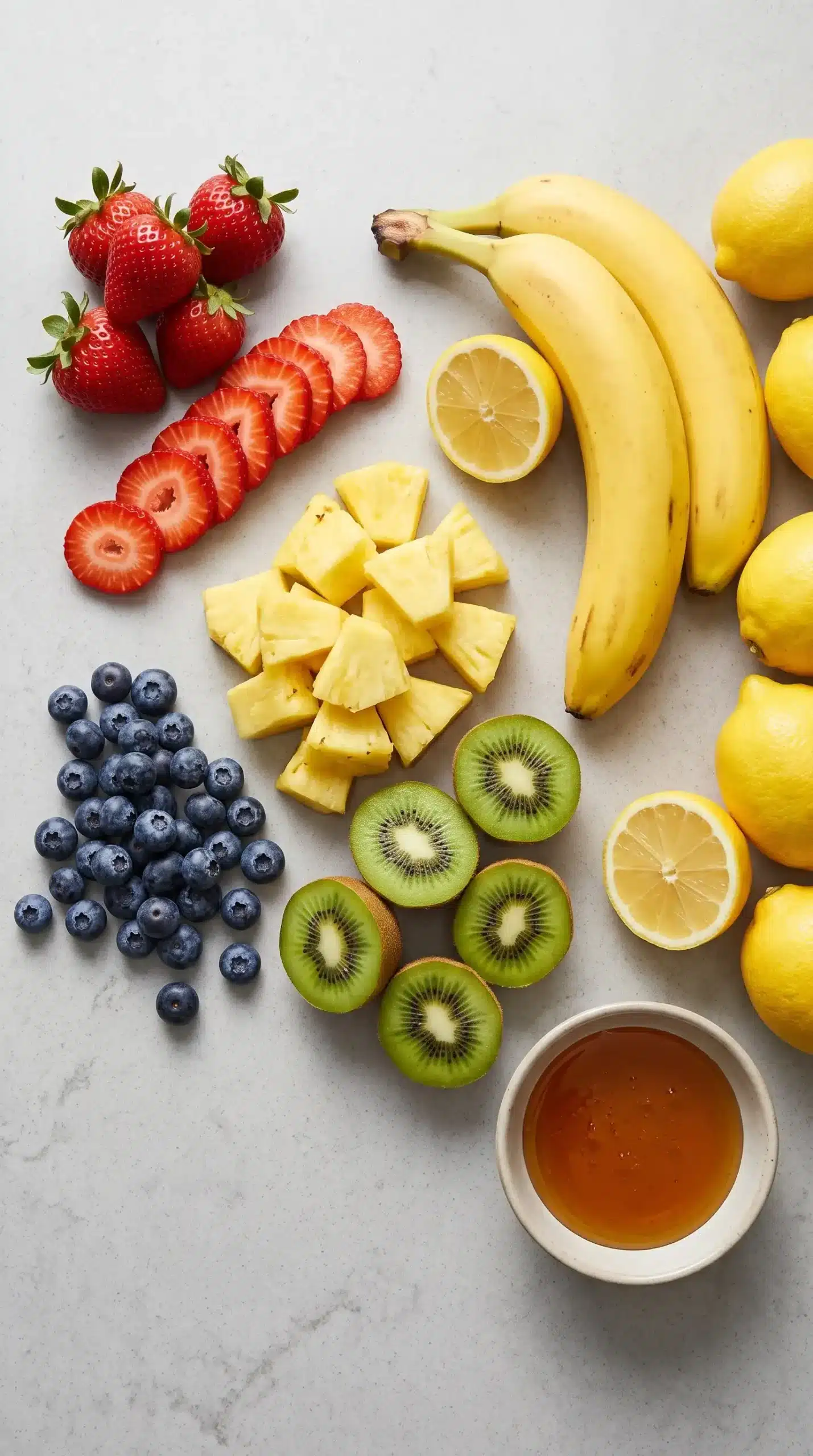 Fresh strawberries, blueberries, pineapple, kiwi, bananas, lemons, and honey for fruit salad