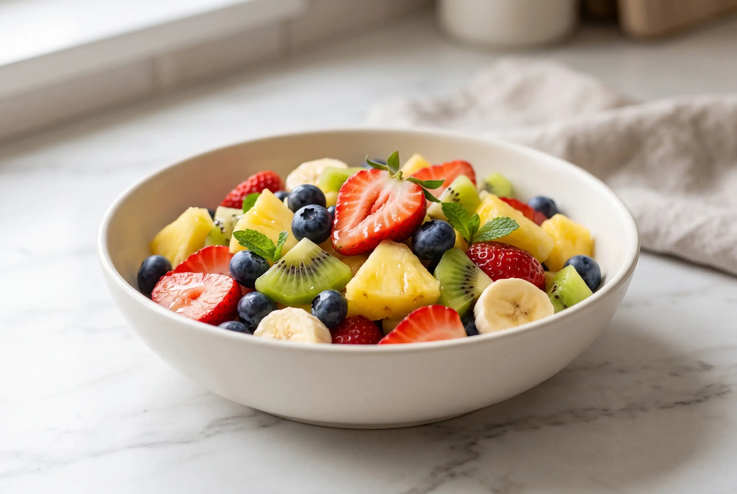 Easy fruit salad bowl with strawberries, blueberries, pineapple, kiwi, banana, and honey-lemon dressing