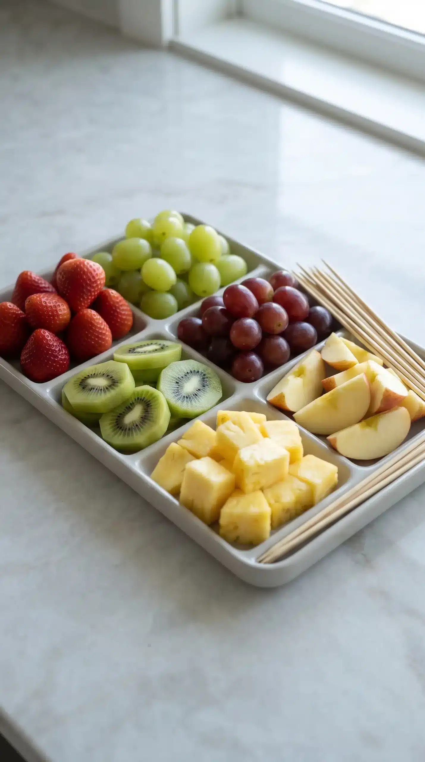 Fresh strawberries, grapes, kiwi, pineapple, and apple pieces prepared for tanghulu skewers