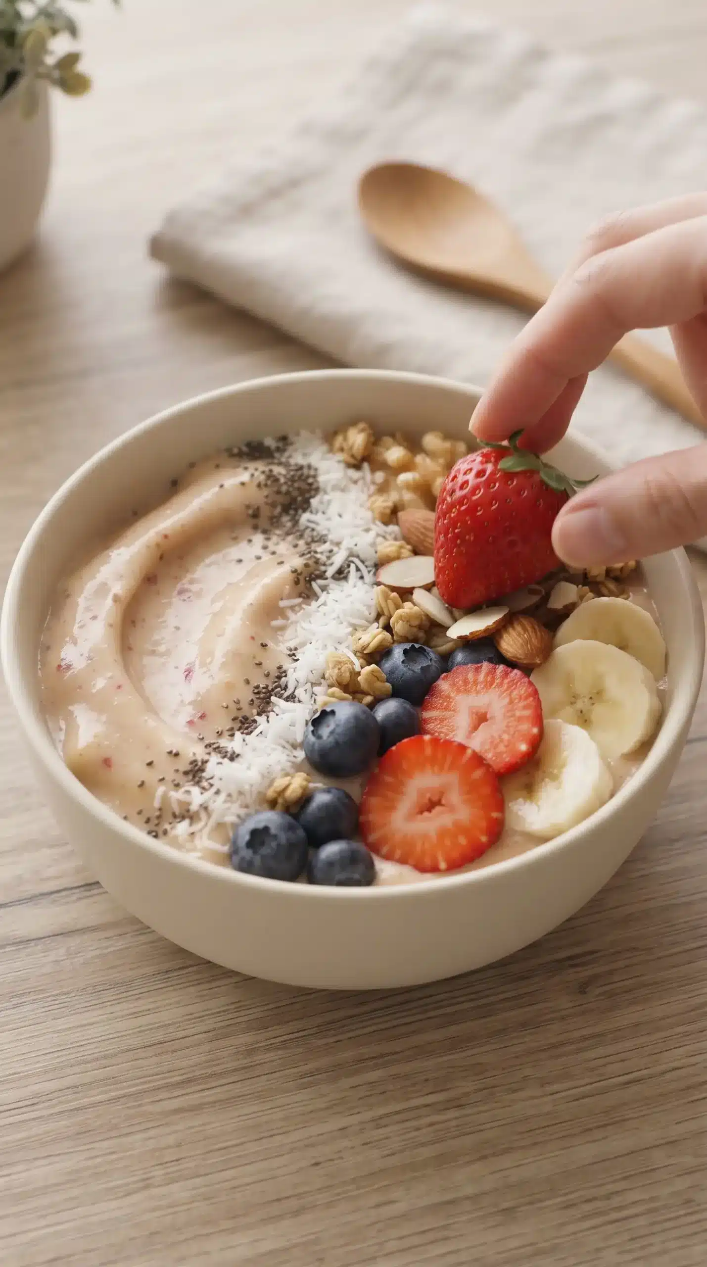 Fruit smoothie bowl topped with granola, banana slices, strawberries, coconut, seeds, and nuts